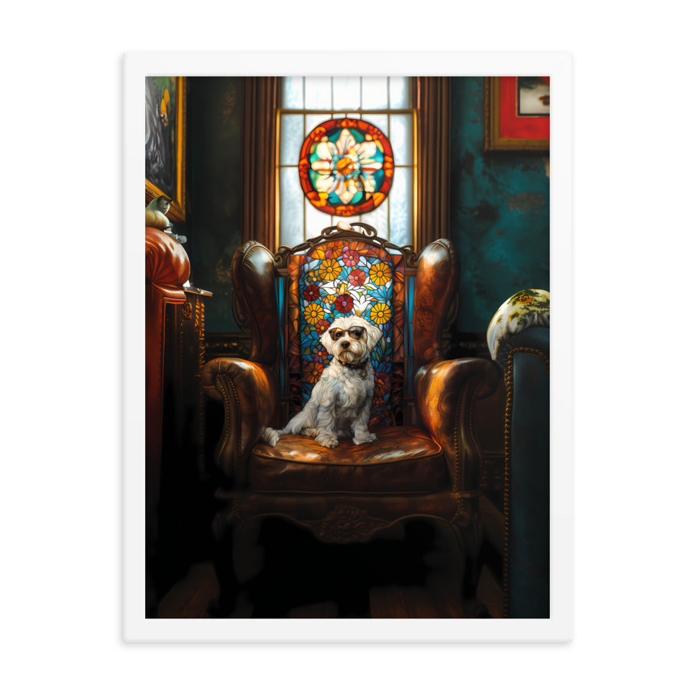 A Chic Coton de Tulear sits on a brown leather couch in a library with stained glass window.