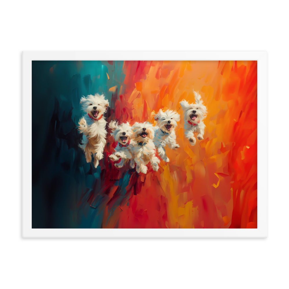 Five coton de Tulear puppies jumping in the air. Oil painting with blue and orange background.