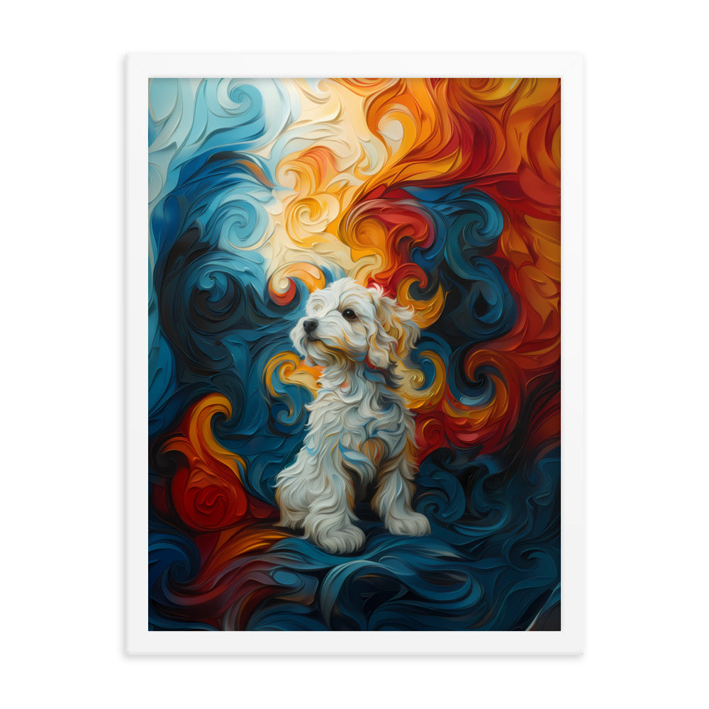 A Coton de Tulear sits in front of a swirling background of color: reds, oranges, yellows and blues.