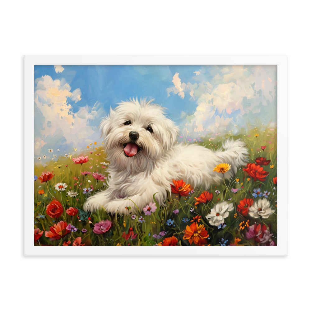 A happy coton de tulear sits on a grass hill with wildflowers.