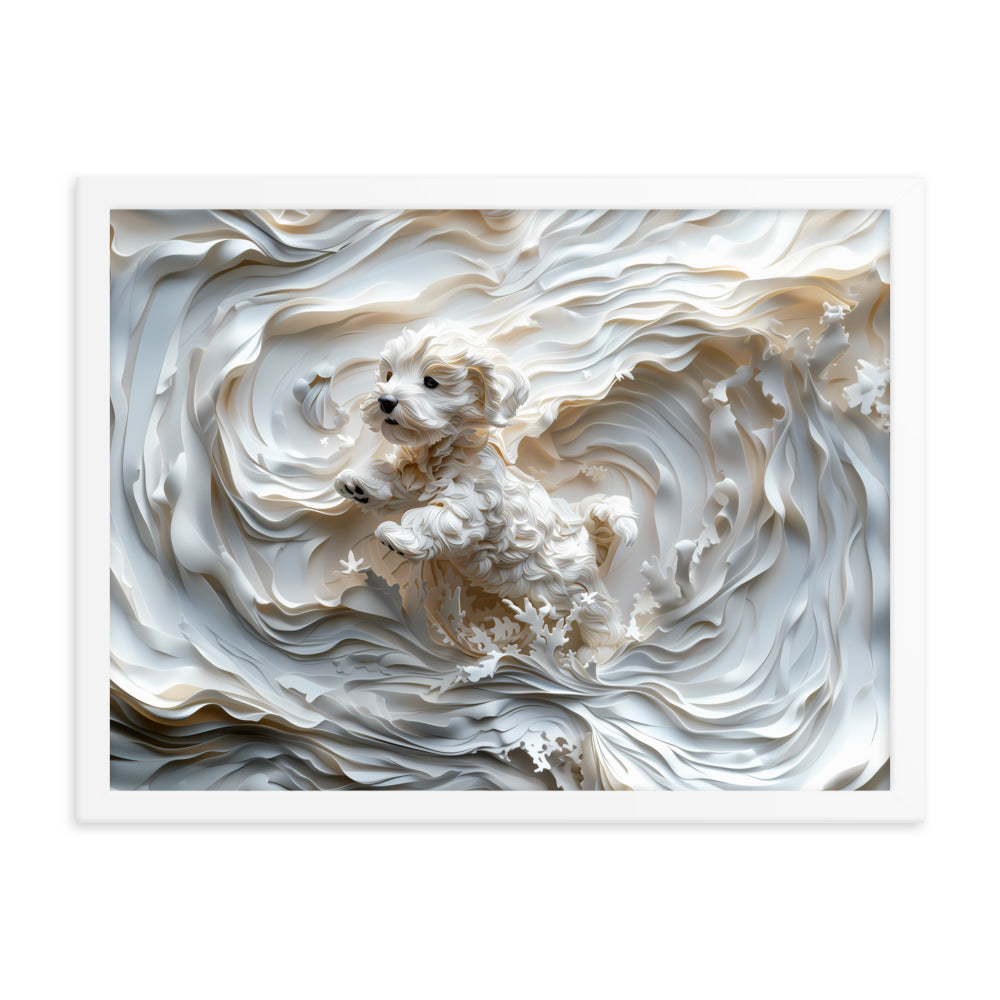 A Coton de Tulear relief with swirling background, all white. 