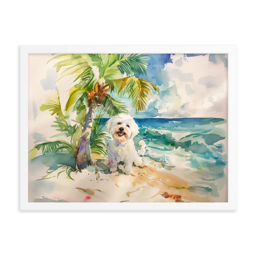 A Coton de Tulear relaxes on an island beach scene.