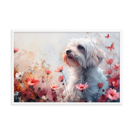 A Coton de Tulear in a field of flowers with butterflies. 