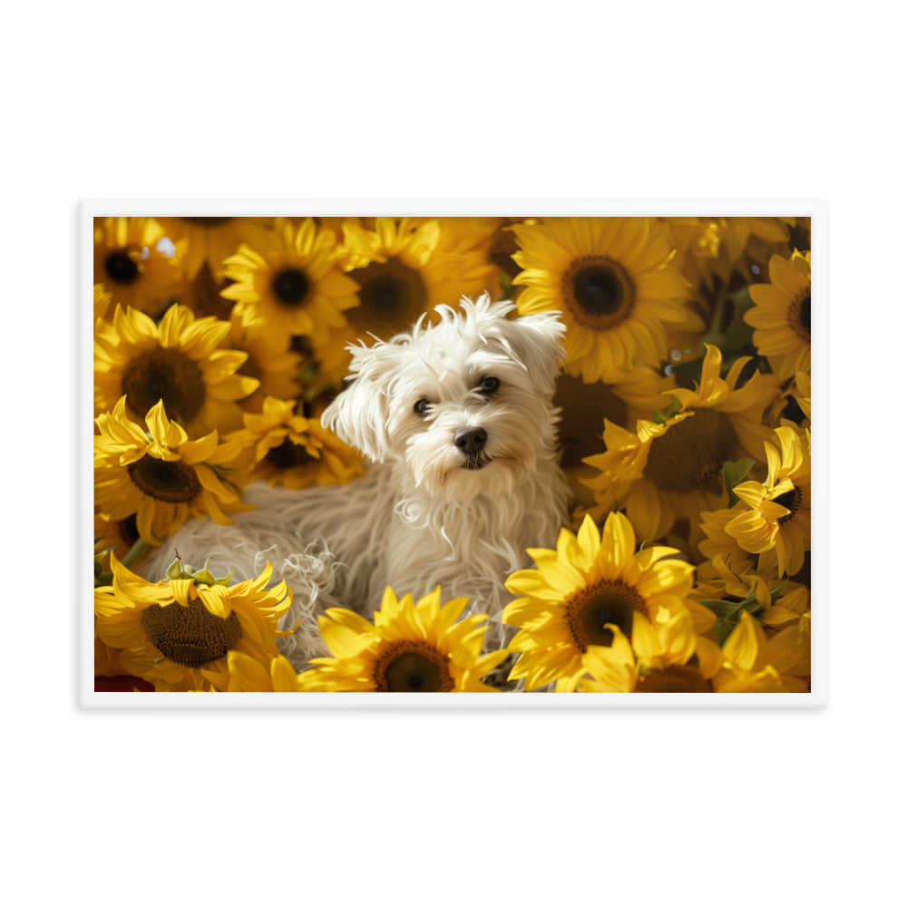 A Coton De Tulear dog nestled among vibrant sunflowers in a framed canvas art piece.