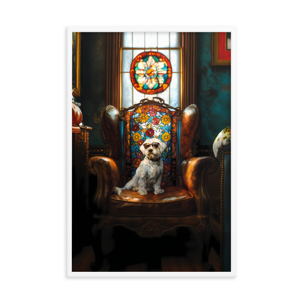 A Chic Coton de Tulear sits on a brown leather couch in a library with stained glass window.