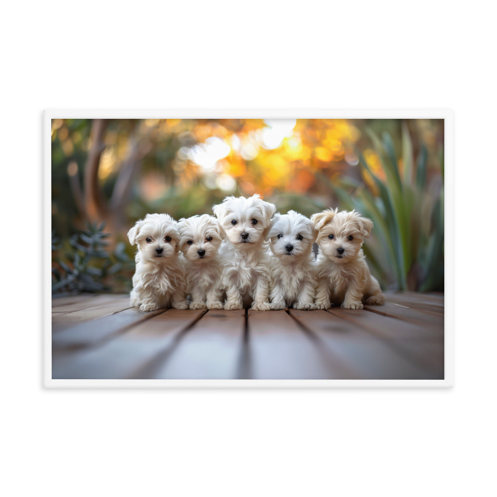 Five Coton de Tulear puppies lined up on a wood deck with greenery in the background. 