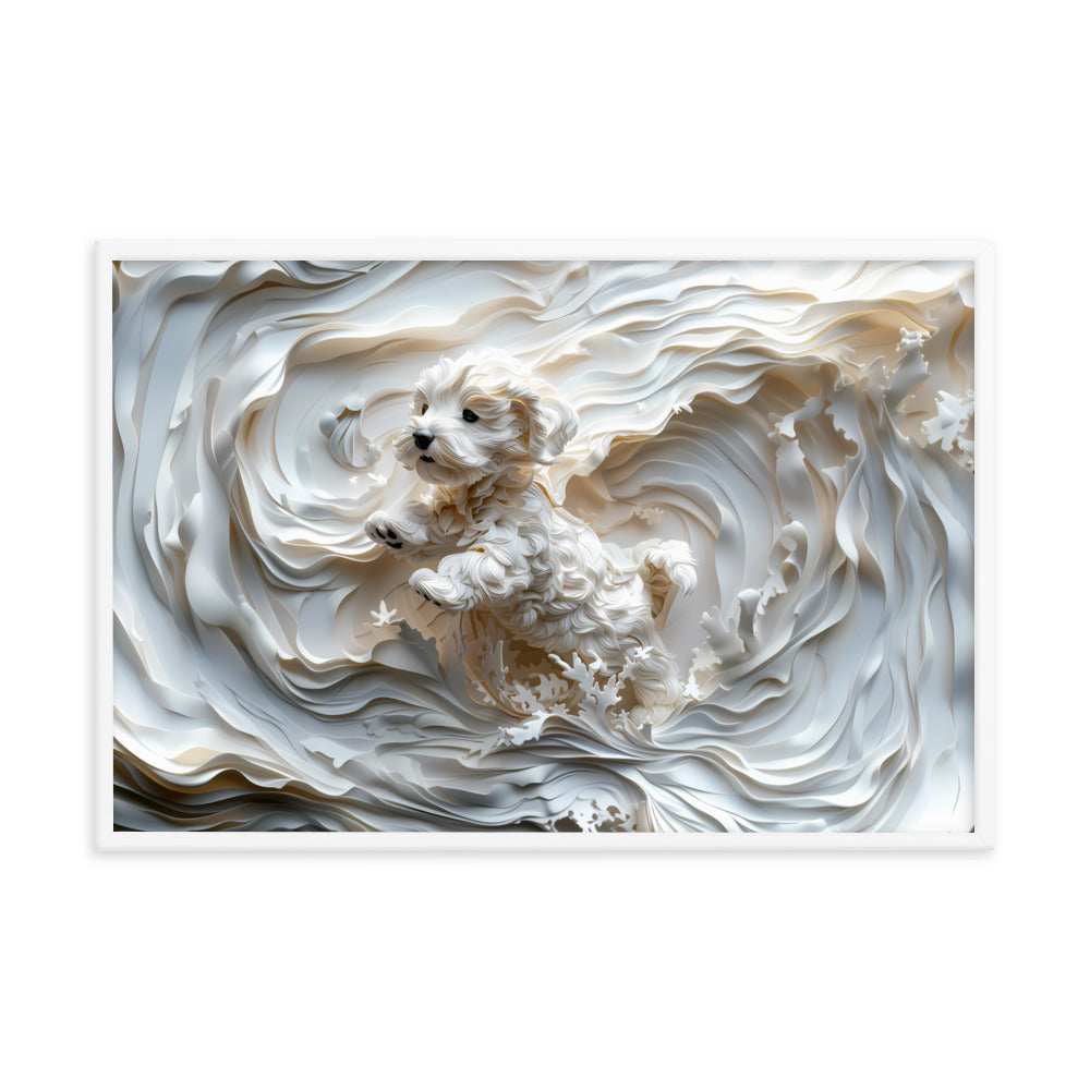 A Coton de Tulear relief with swirling background, all white. 