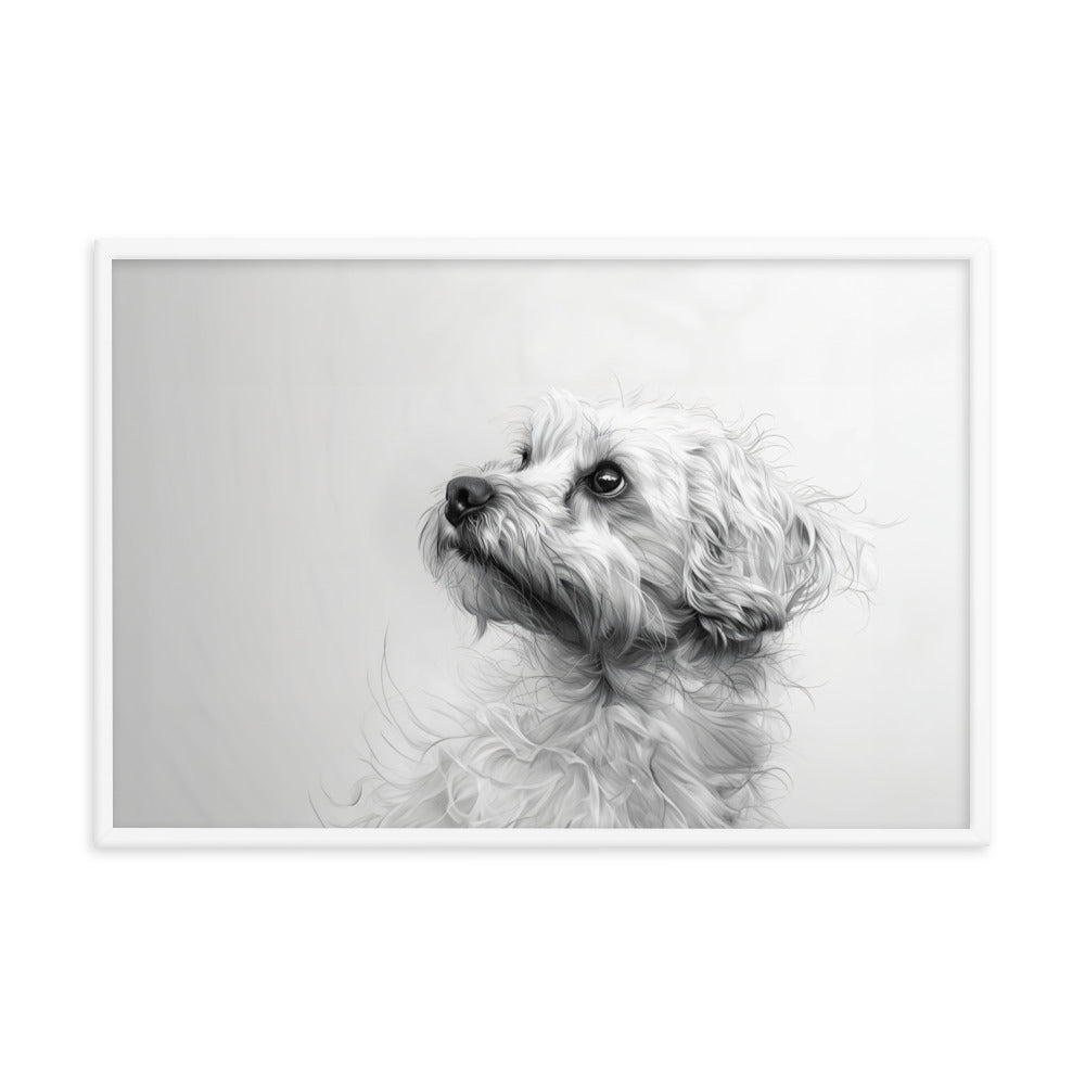 A pencil drawing of a Coton de Tulear. 