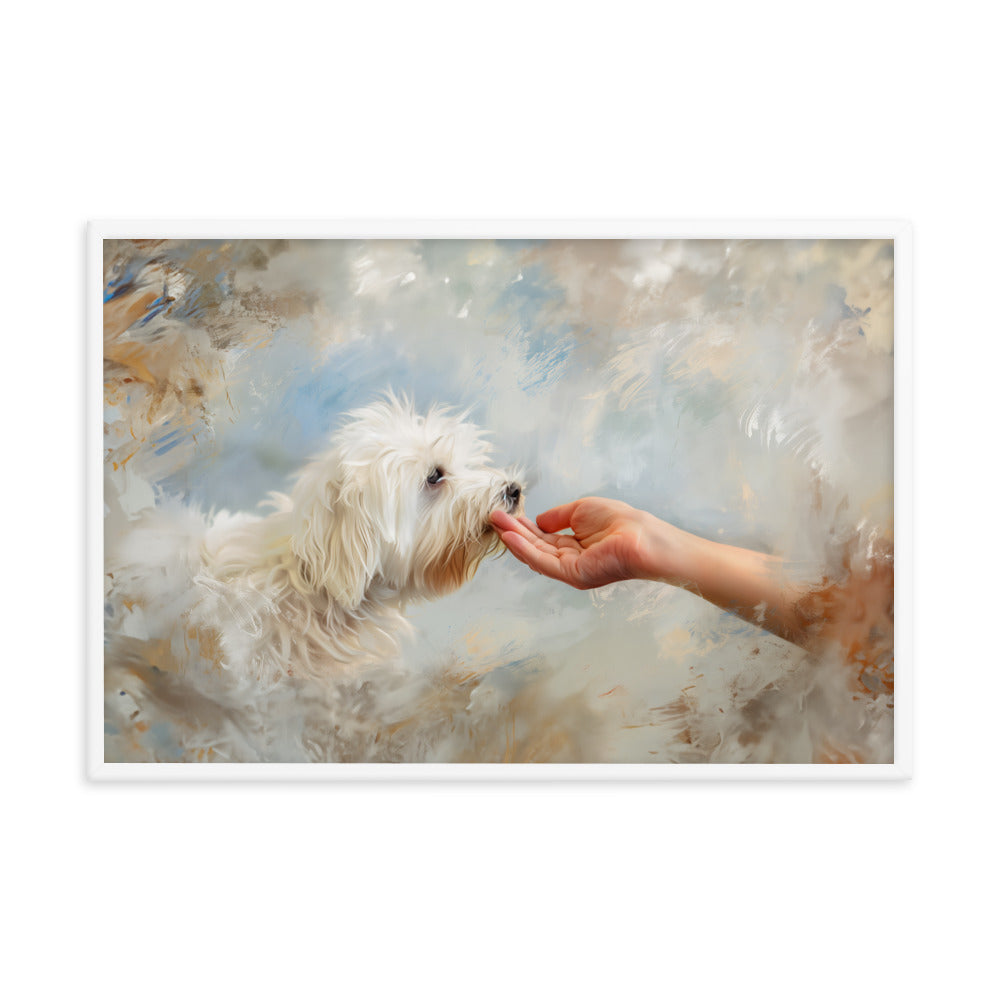 A Coton De Tulear dog kisses a human hand in the clouds