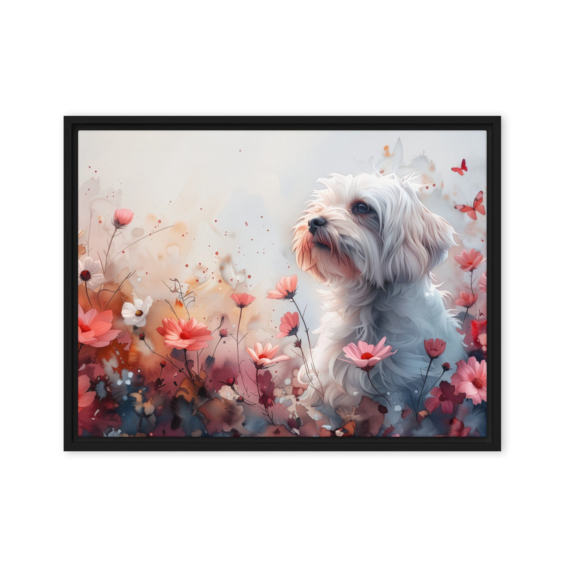 A Coton de Tulear in a field of flowers with butterflies. 