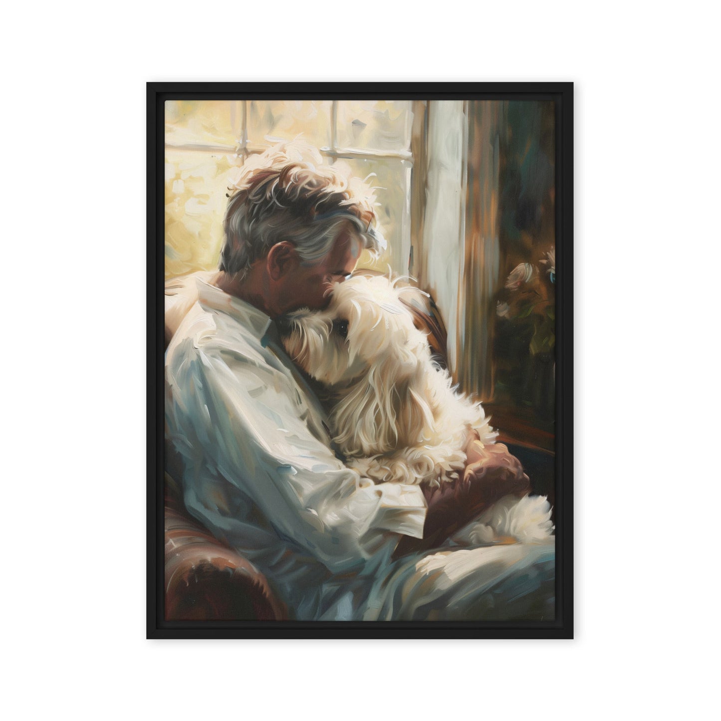 Man holds his Coton De Tulear dog sitting on a chair in a study