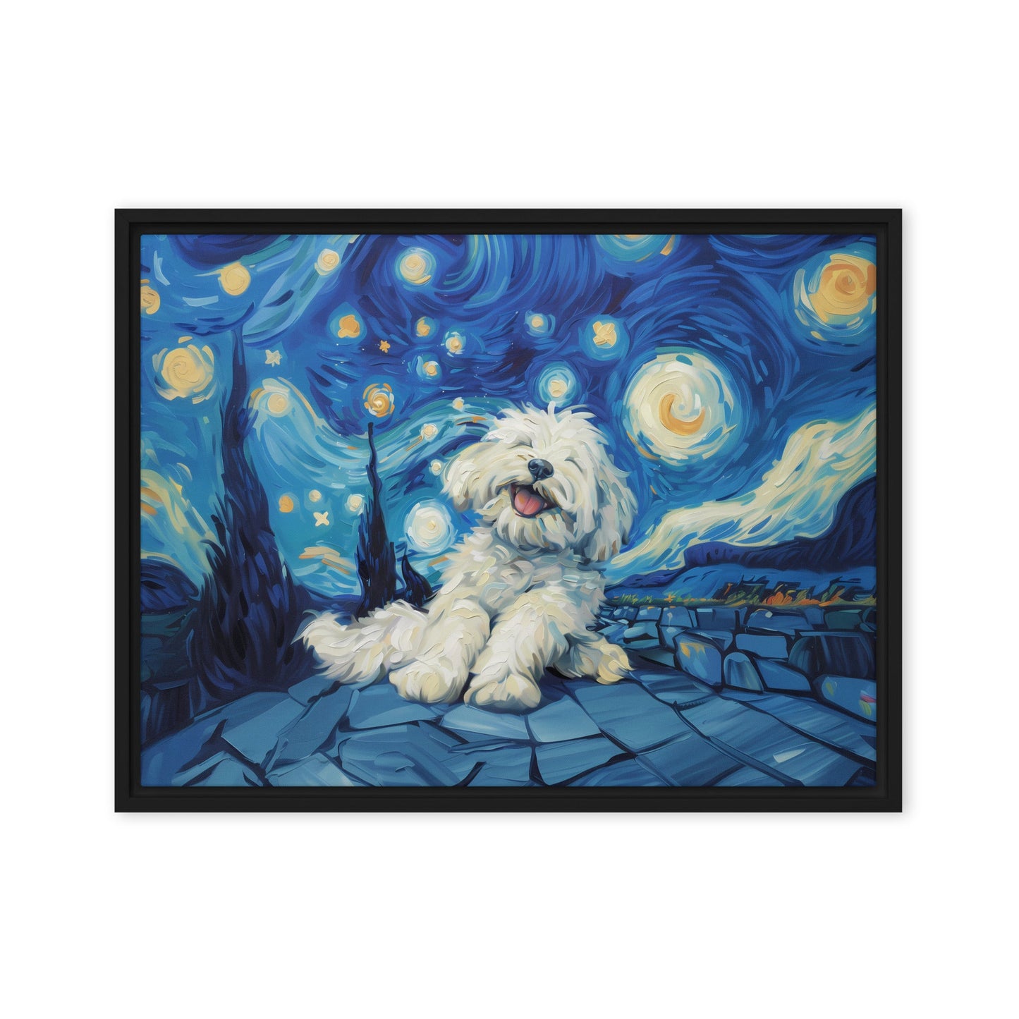 Van Gogh's Starry Night with a Happy Coton de Tulear.