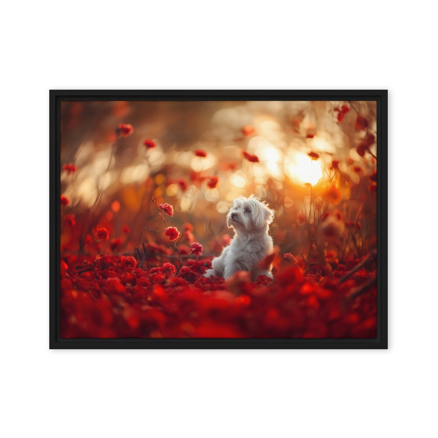 A Coton De Tulear dog sits in among red flowers at sunset