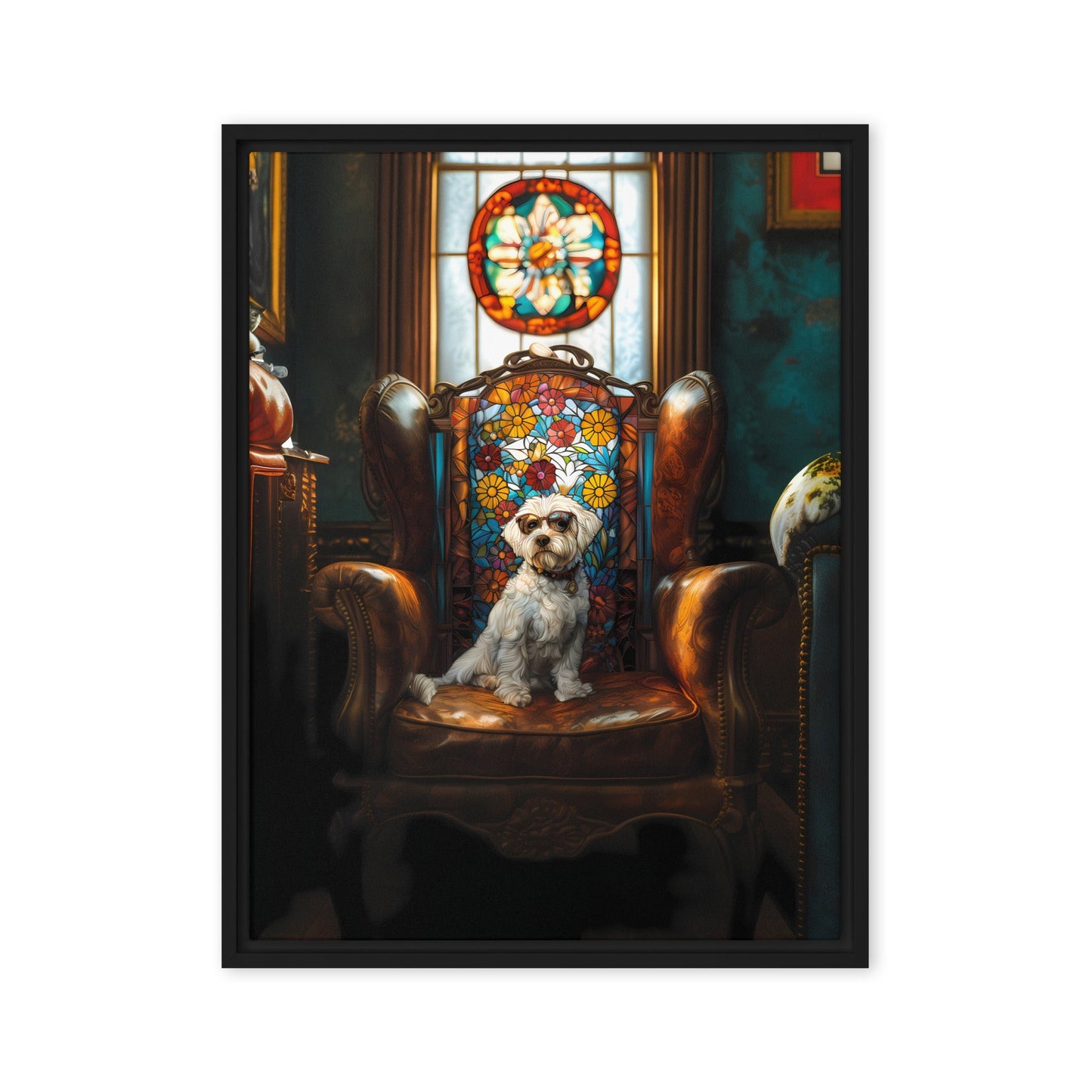 A Chic Coton de Tulear sits on a brown leather couch in a library with stained glass window.