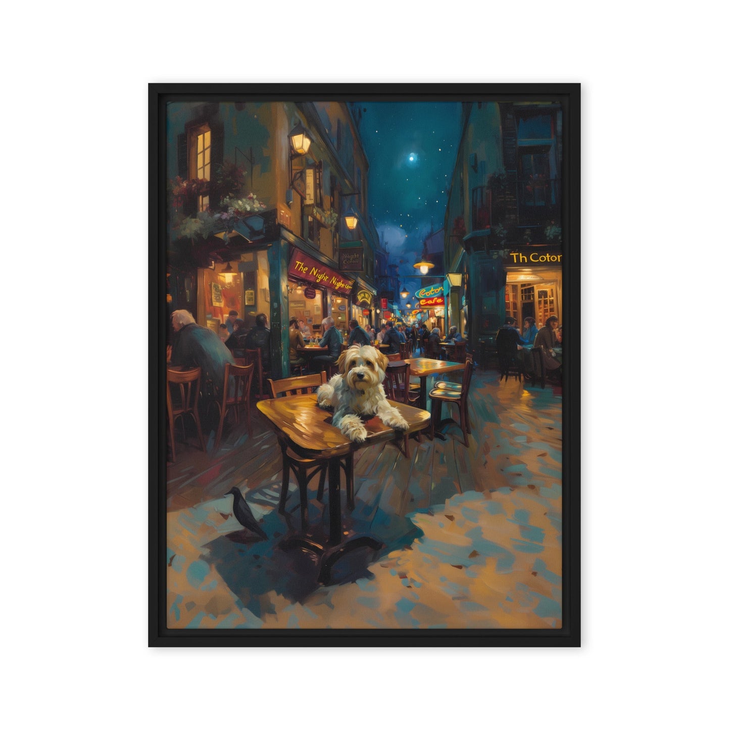 A Coton De Tulear dog at a cafe in Van Gogh’s Cafe street