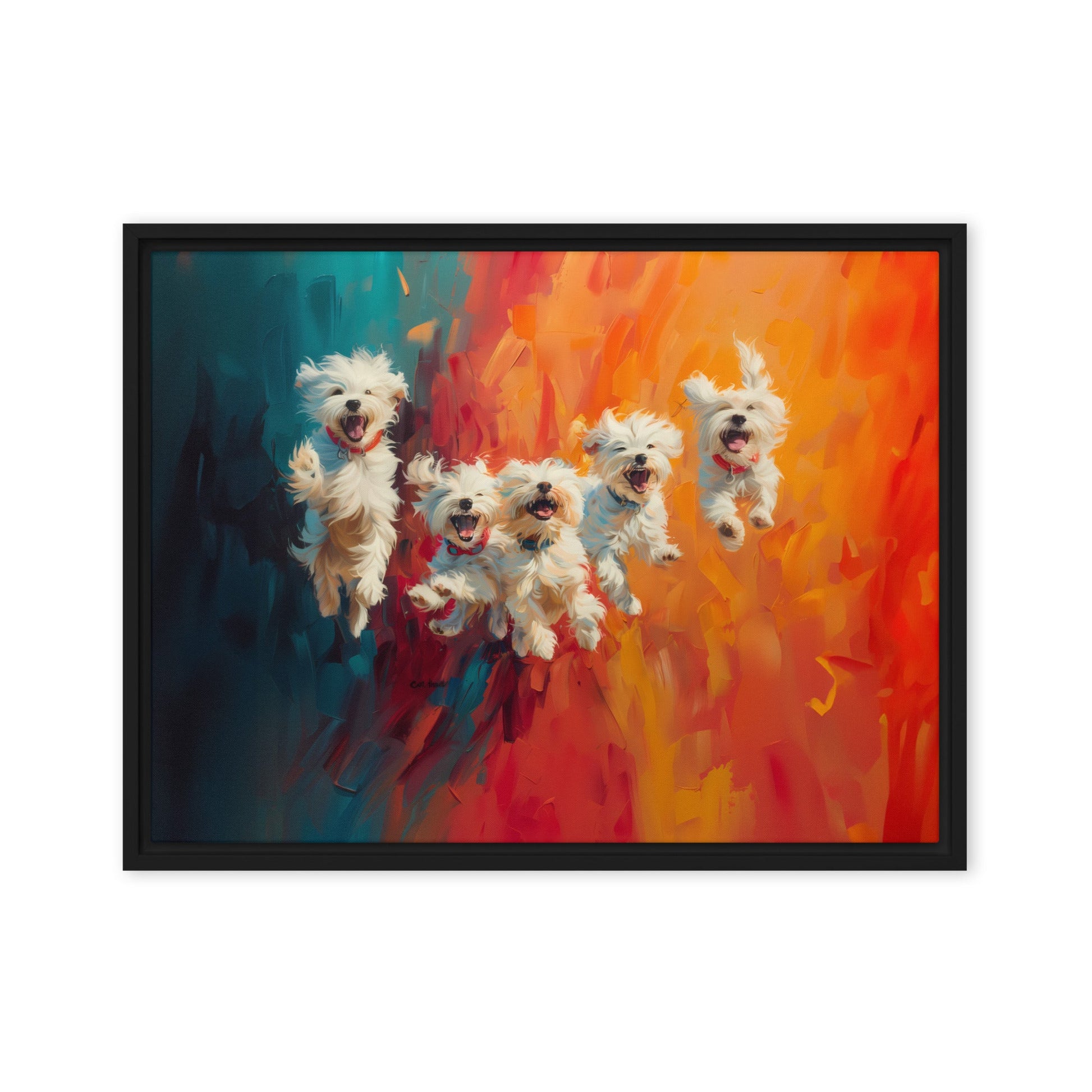 Five coton de Tulear puppies jumping in the air. Oil painting with blue and orange background.