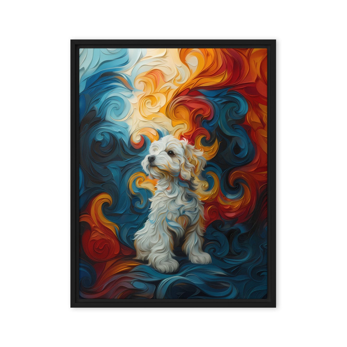 A Coton de Tulear sits in front of a swirling background of color: reds, oranges, yellows and blues.