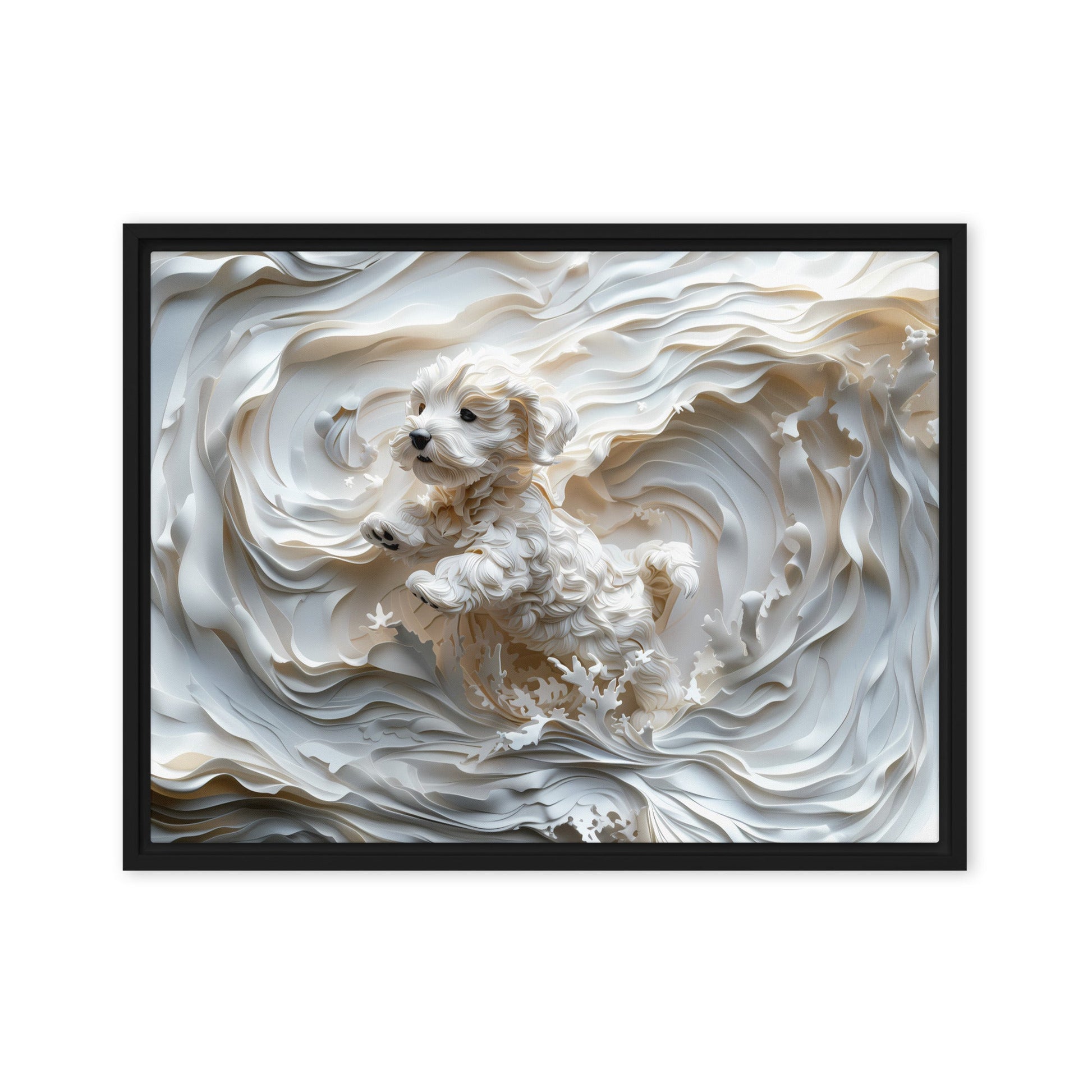 A Coton de Tulear relief with swirling background, all white. 