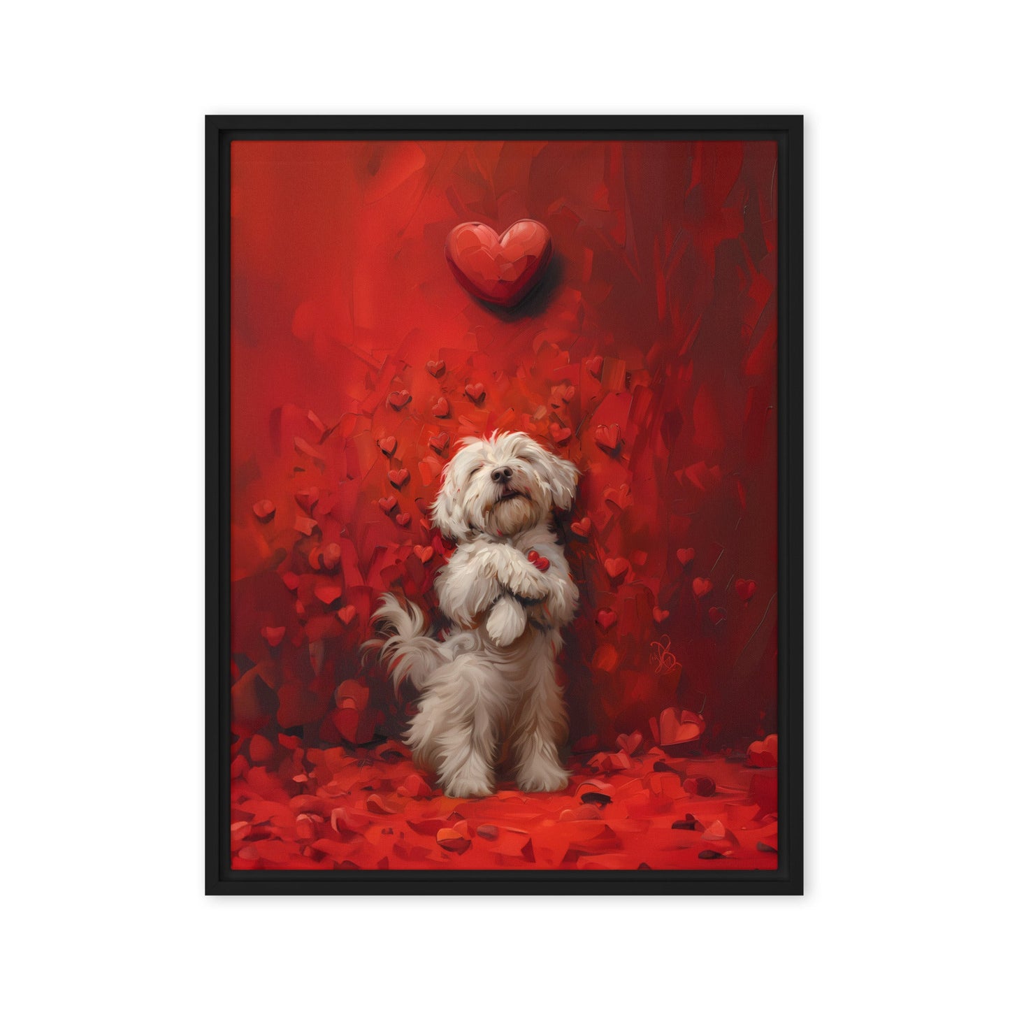 A Coton De Tulear dog stands cuddling hearts that surround him