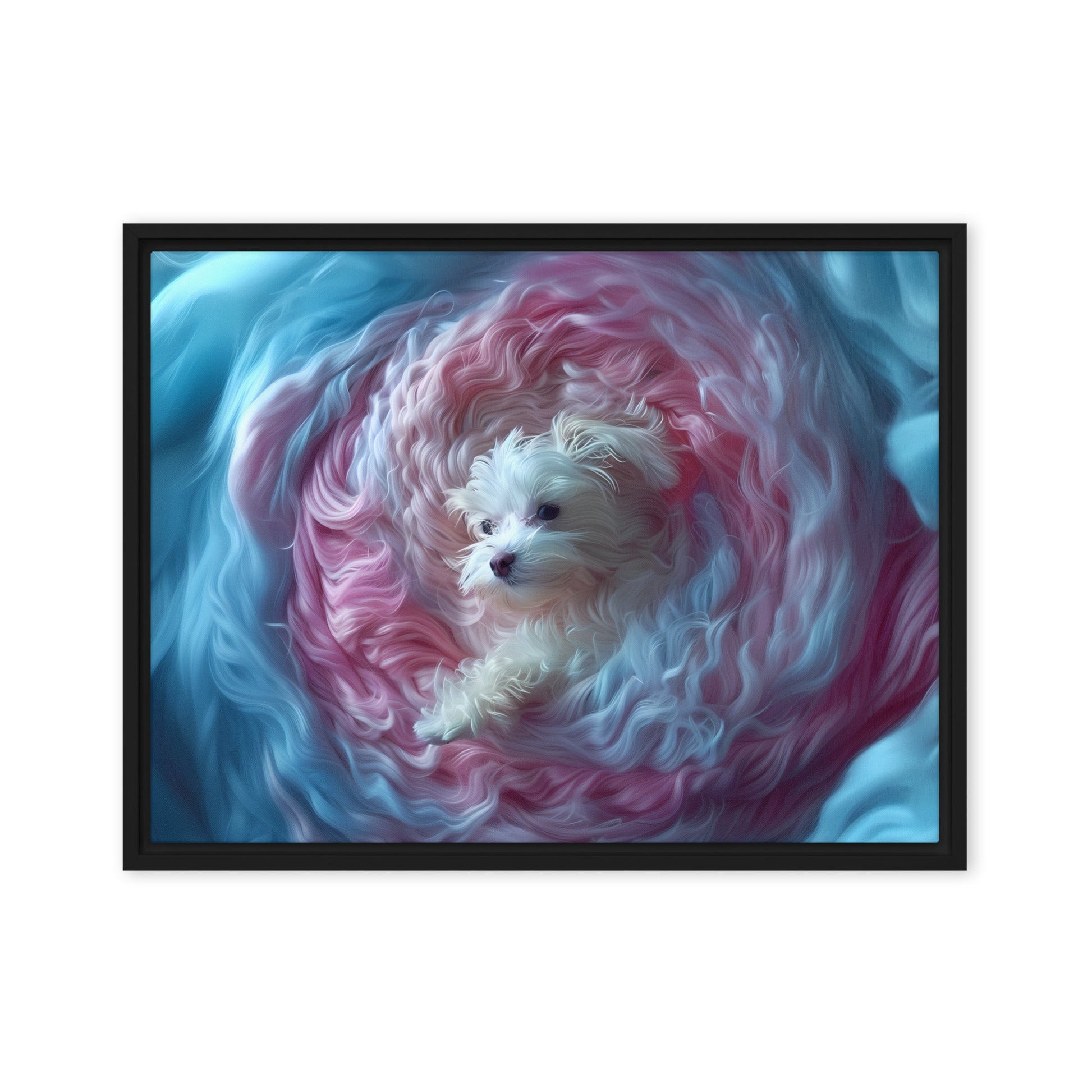 A Coton de Tulear wrapped in a 2D relief of swirling winds.