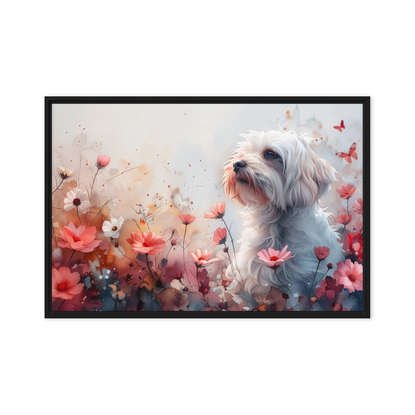 A Coton de Tulear in a field of flowers with butterflies. 