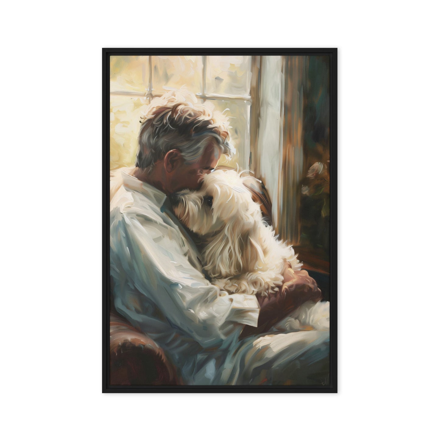 Man holds his Coton De Tulear dog sitting on a chair in a study