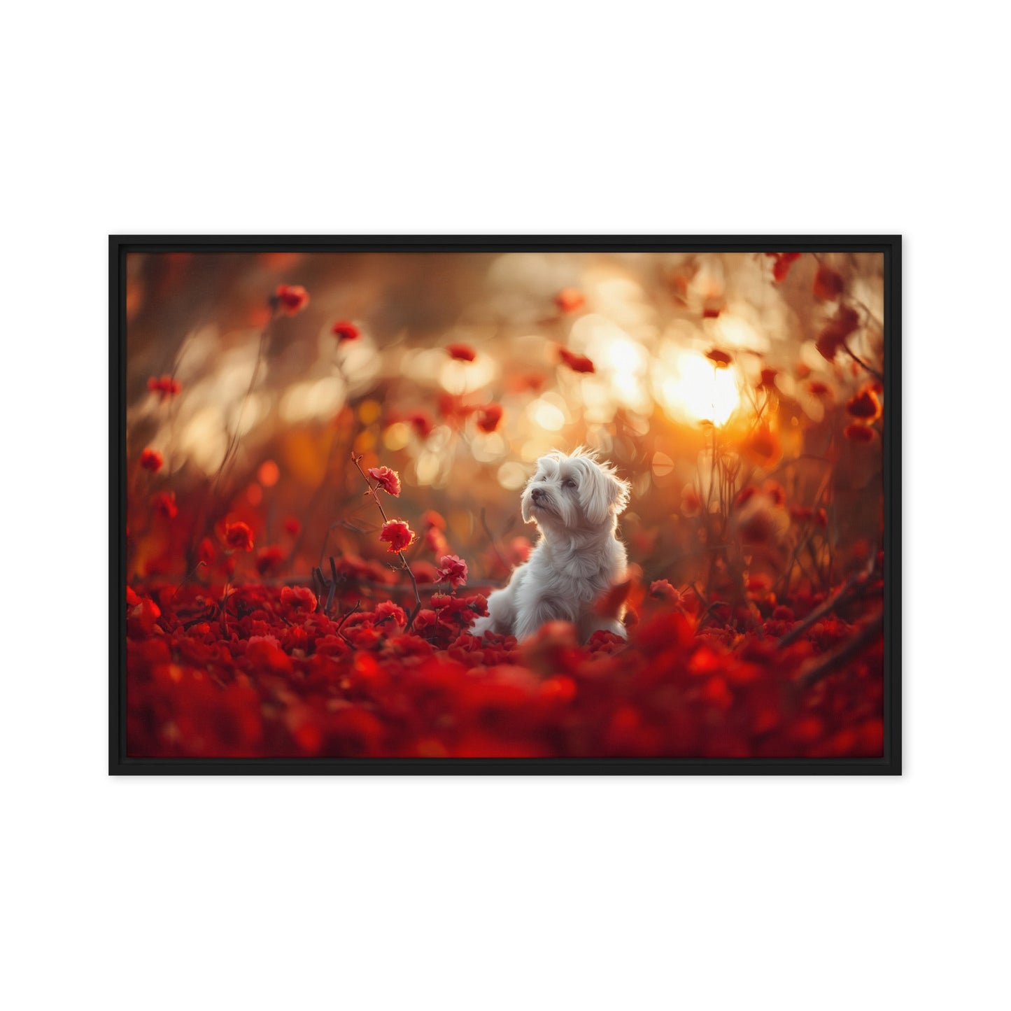 A Coton De Tulear dog sits in among red flowers at sunset