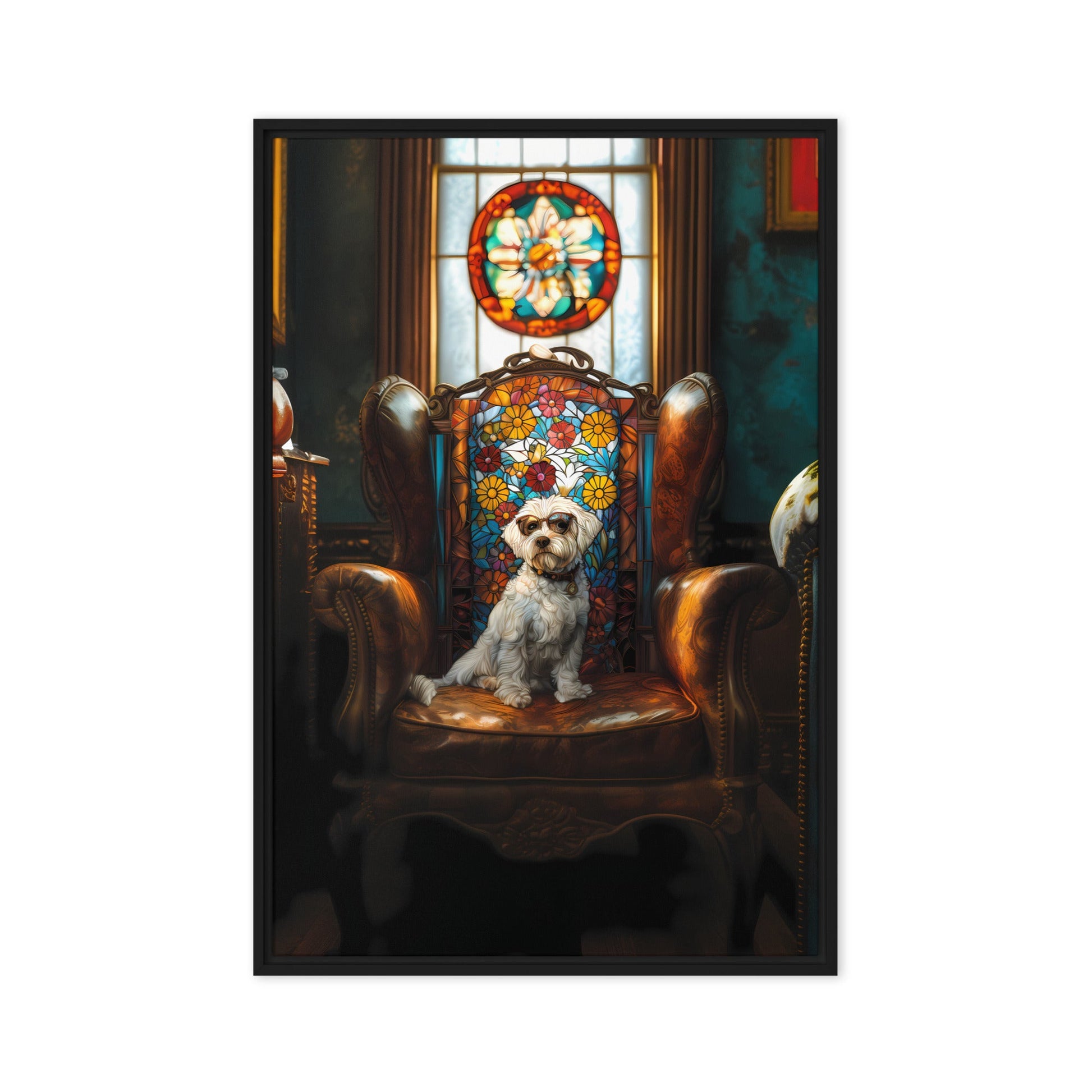 A Chic Coton de Tulear sits on a brown leather couch in a library with stained glass window.