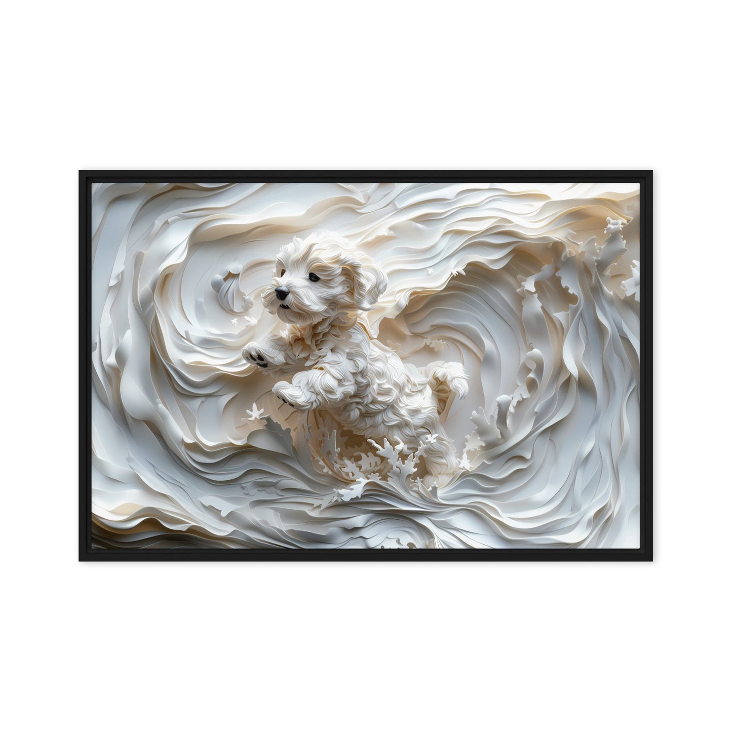 A Coton de Tulear relief with swirling background, all white. 