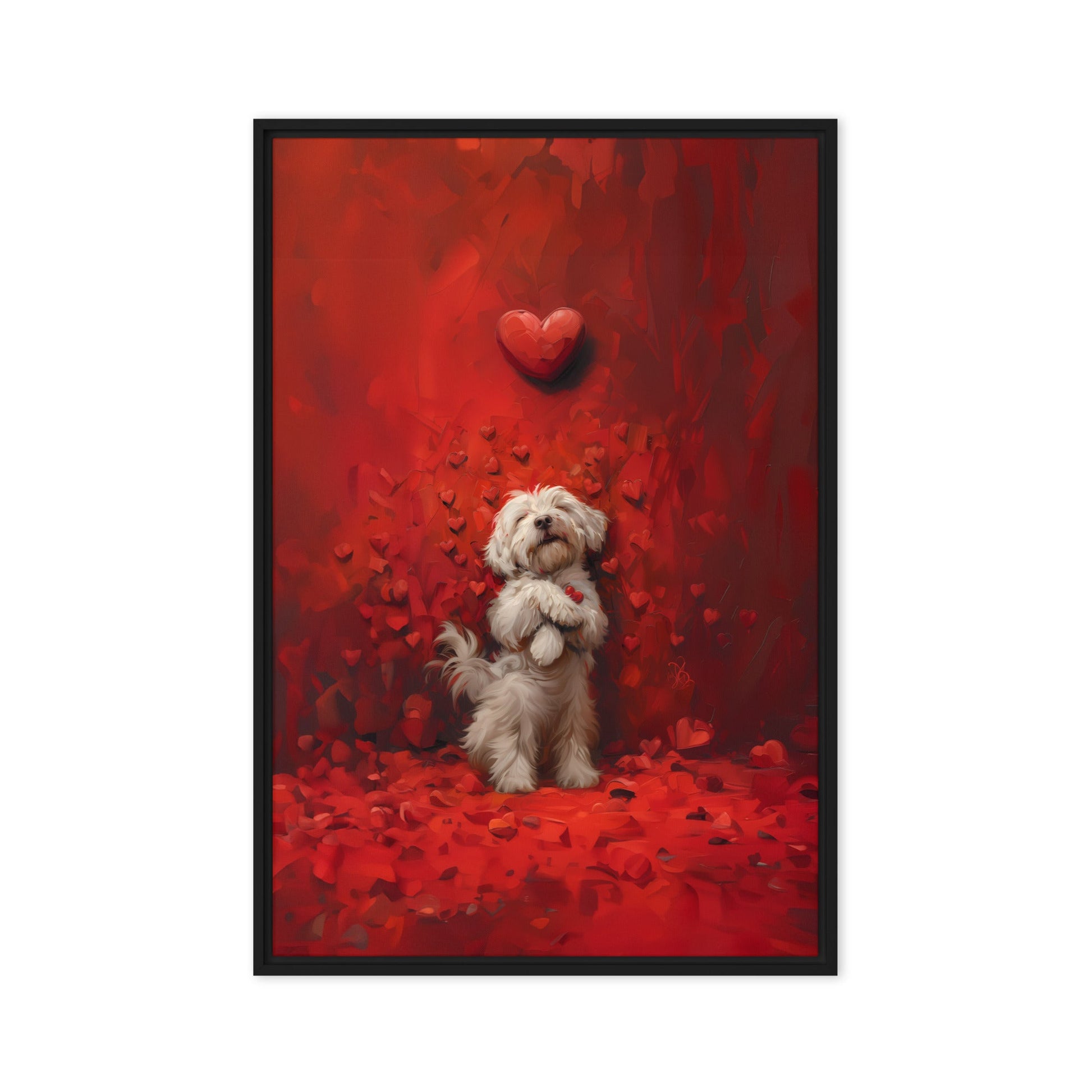 A Coton De Tulear dog stands cuddling hearts that surround him