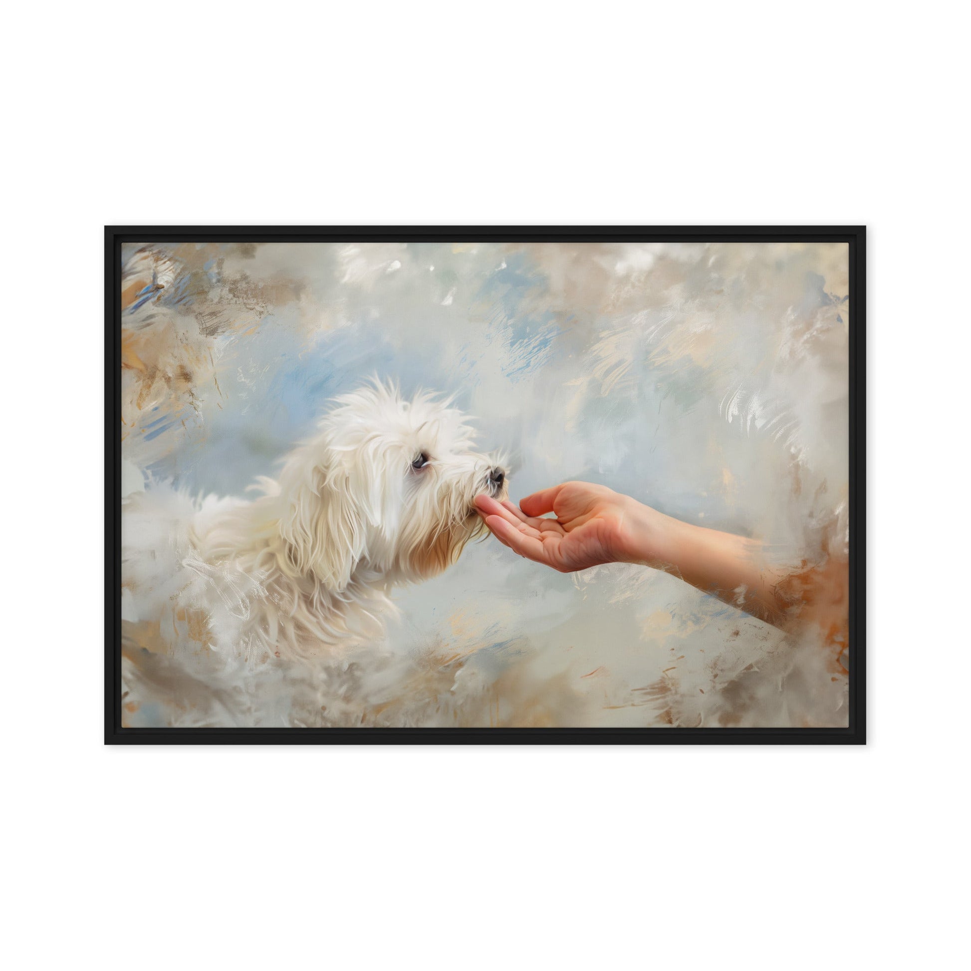 A Coton De Tulear dog kisses a human hand in the clouds