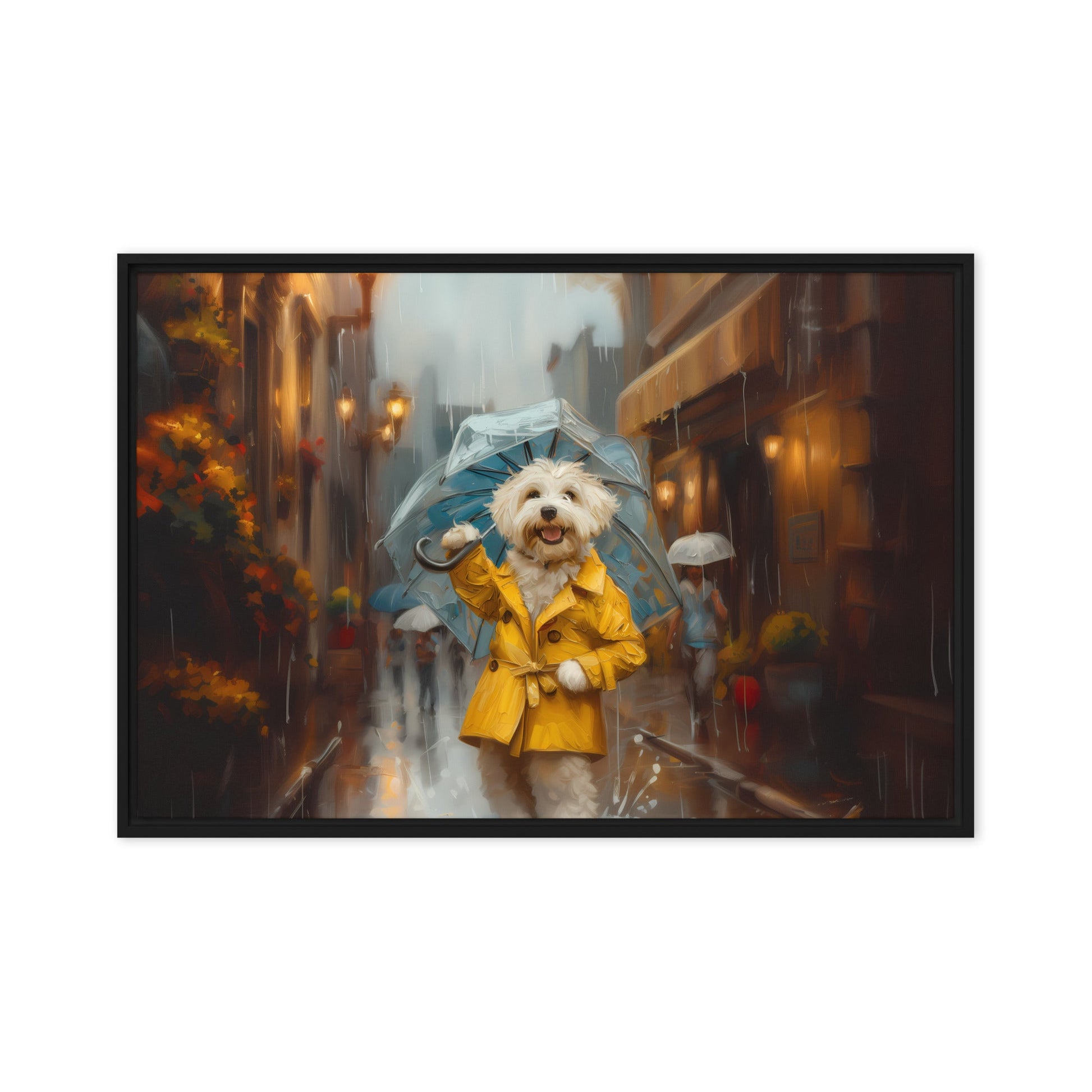 A Coton de Tulear walks down a rainy street upright wearing a yellow rain coat and umbrella.