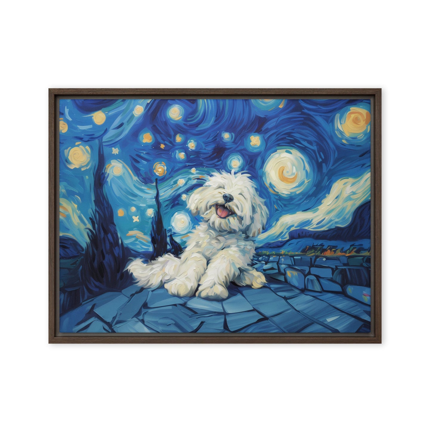 Van Gogh's Starry Night with a Happy Coton de Tulear.