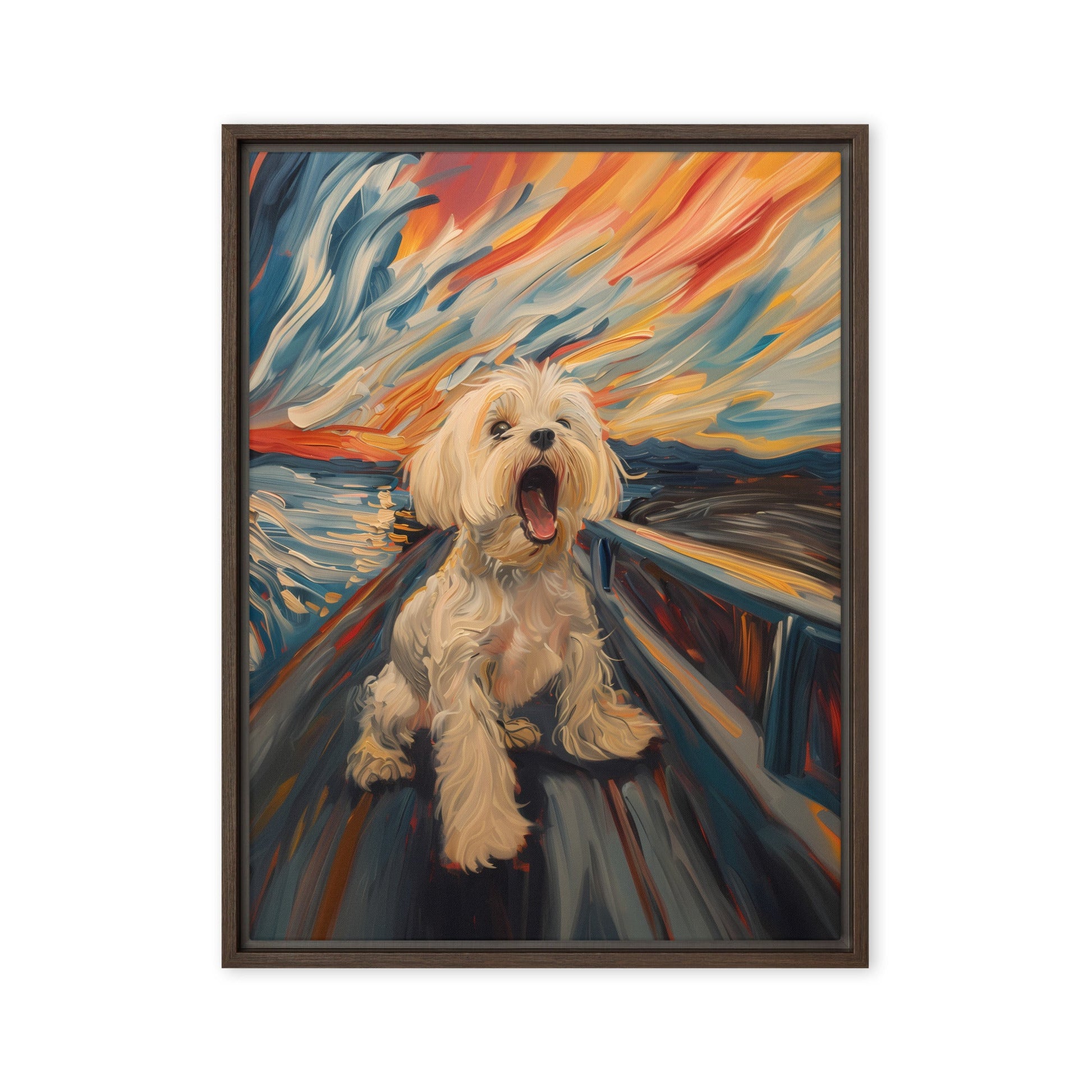 A Coton de Tulear howls in a parody painting of The Scream.