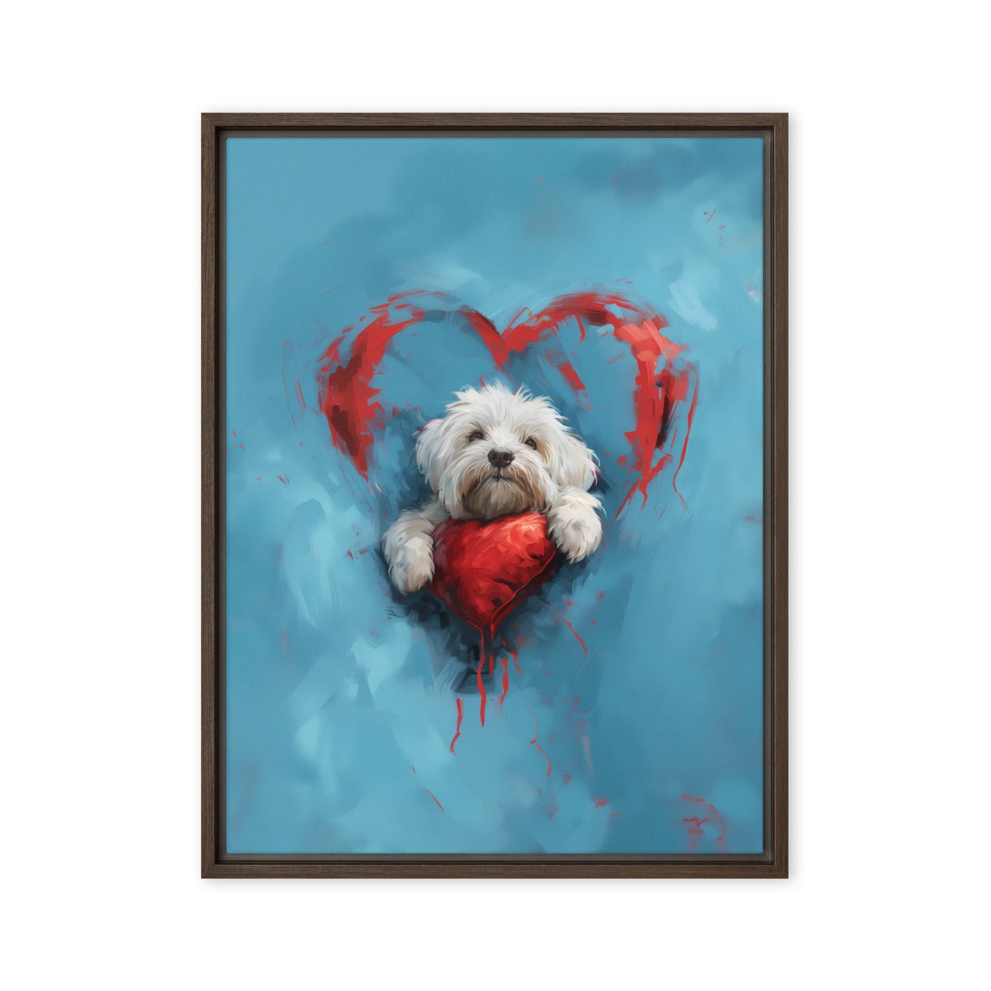 A Coton de Tulear sits on a red heart, surrounded by a red heart on a blue background. 