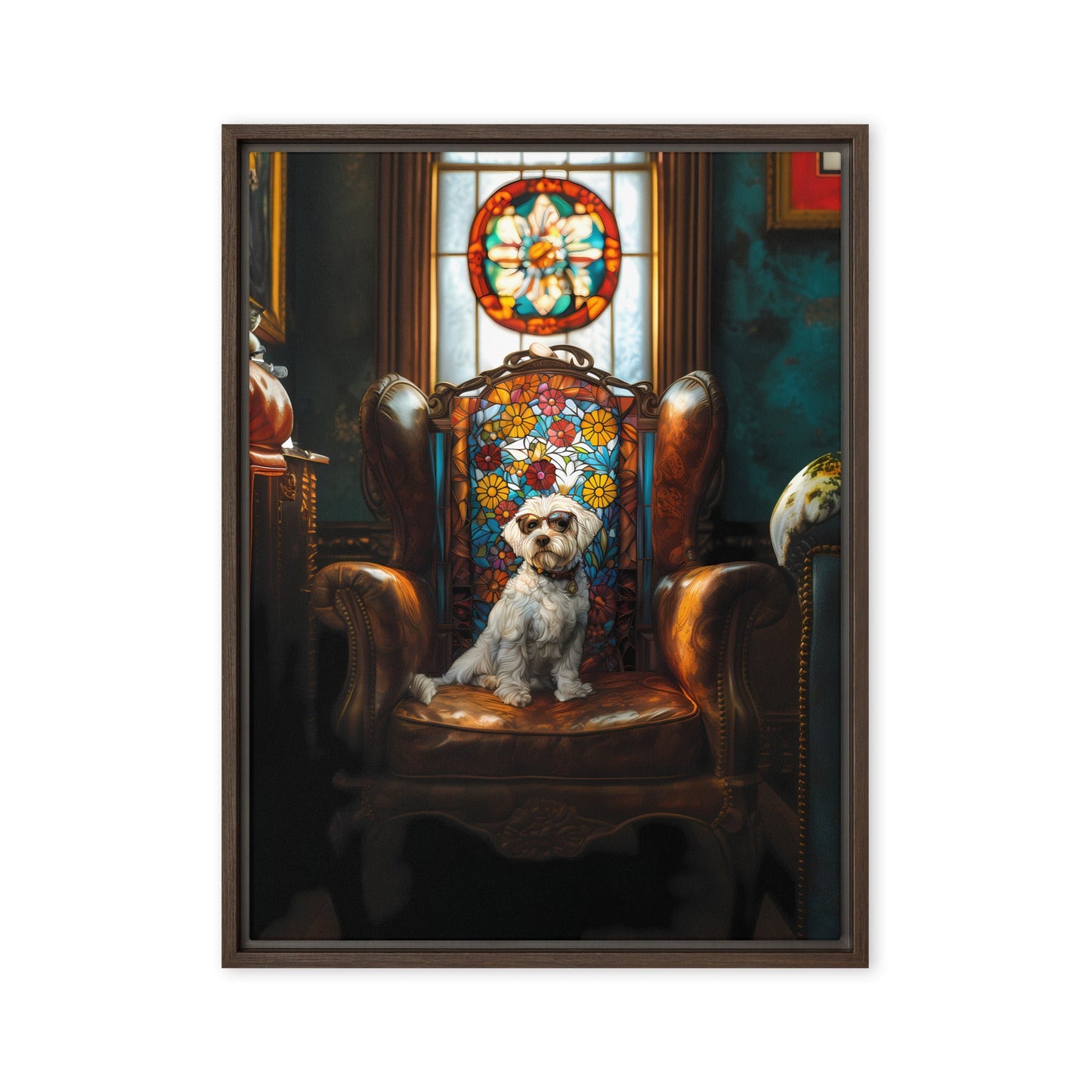 A Chic Coton de Tulear sits on a brown leather couch in a library with stained glass window.