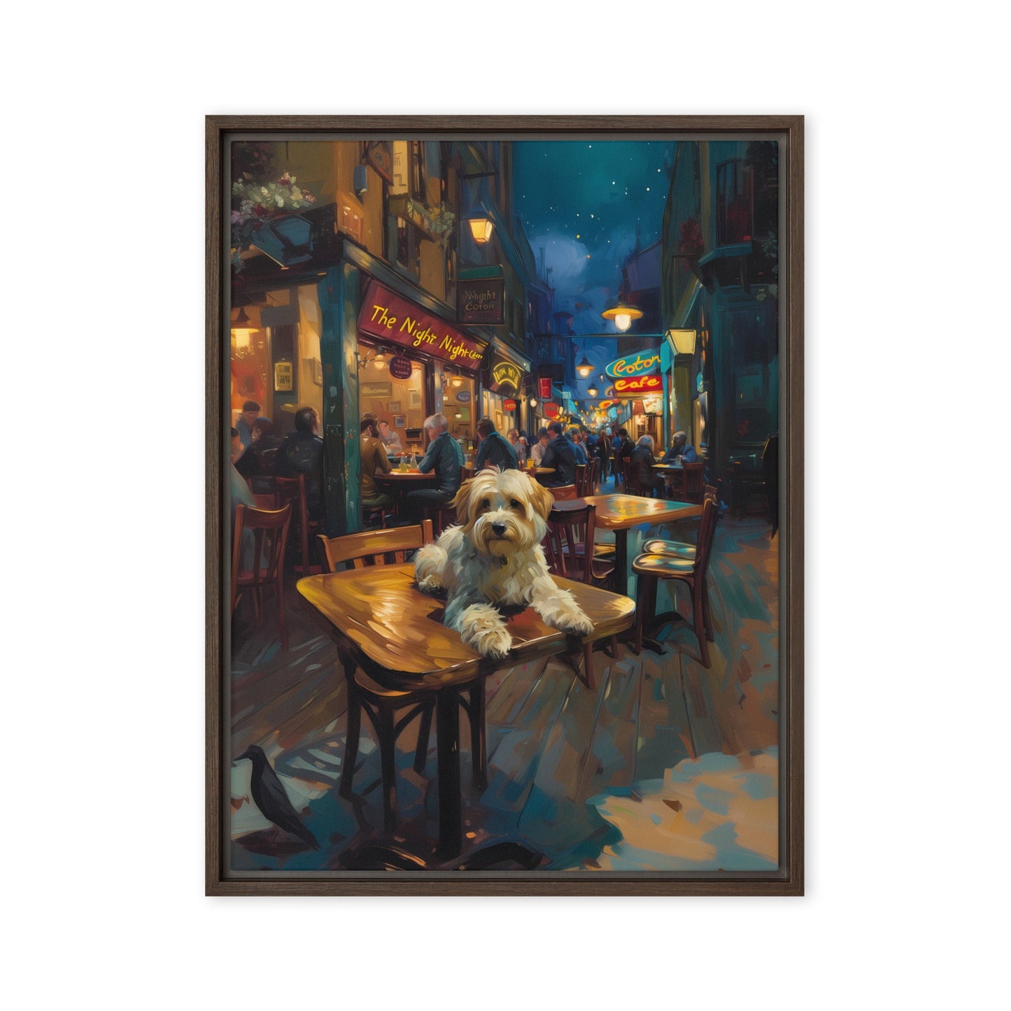 A Coton De Tulear dog at a cafe in Van Gogh’s Cafe street