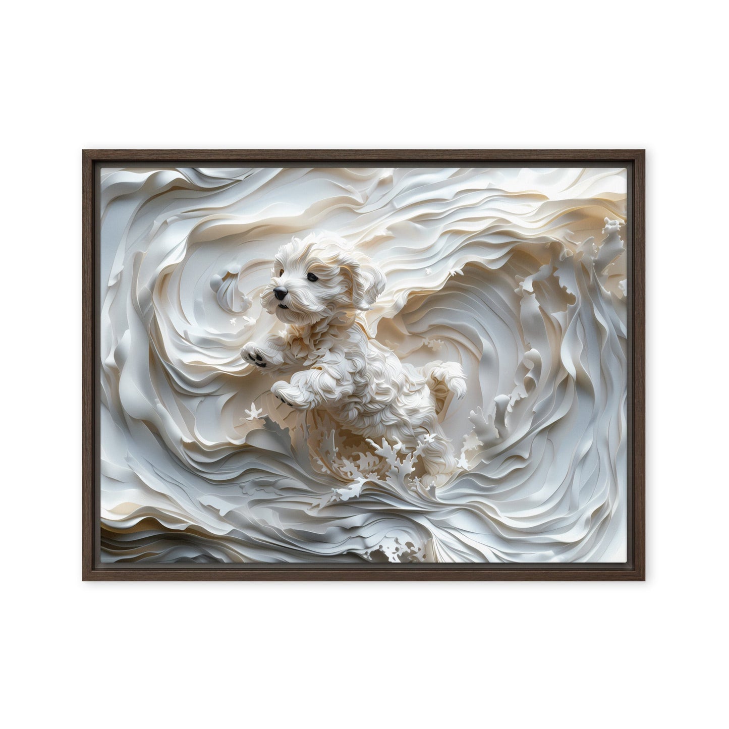 A Coton de Tulear relief with swirling background, all white. 