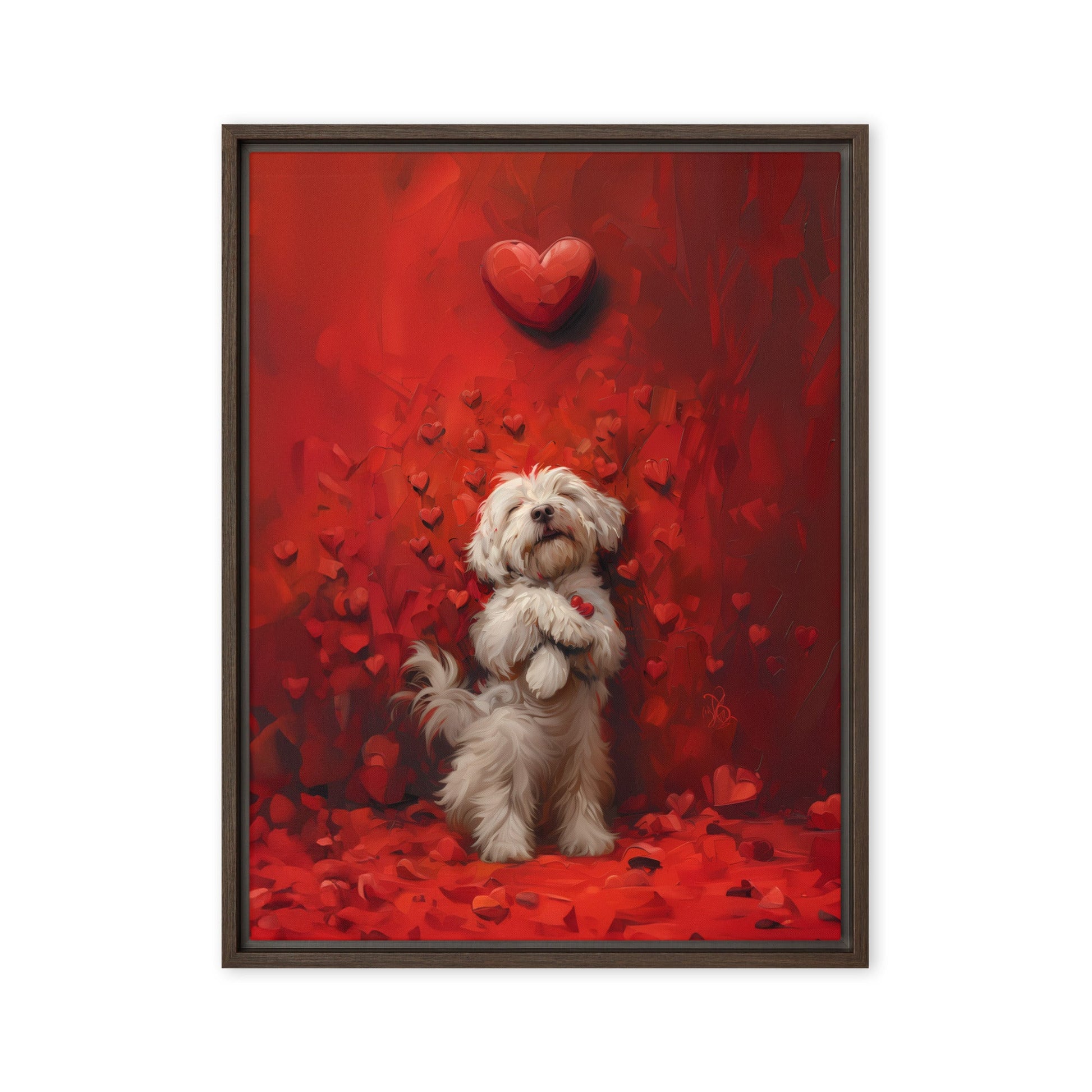 A Coton De Tulear dog stands cuddling hearts that surround him