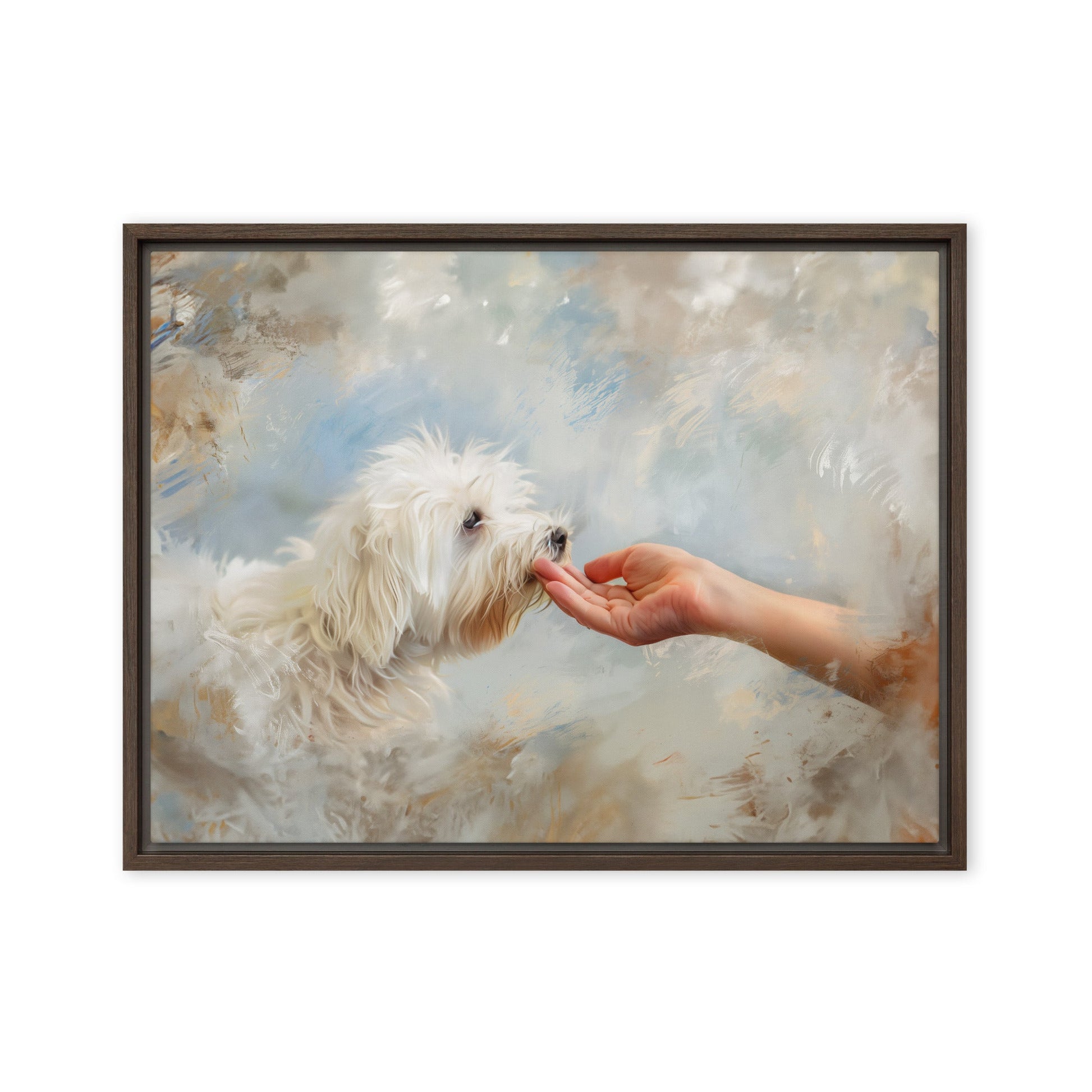 A Coton De Tulear dog kisses a human hand in the clouds