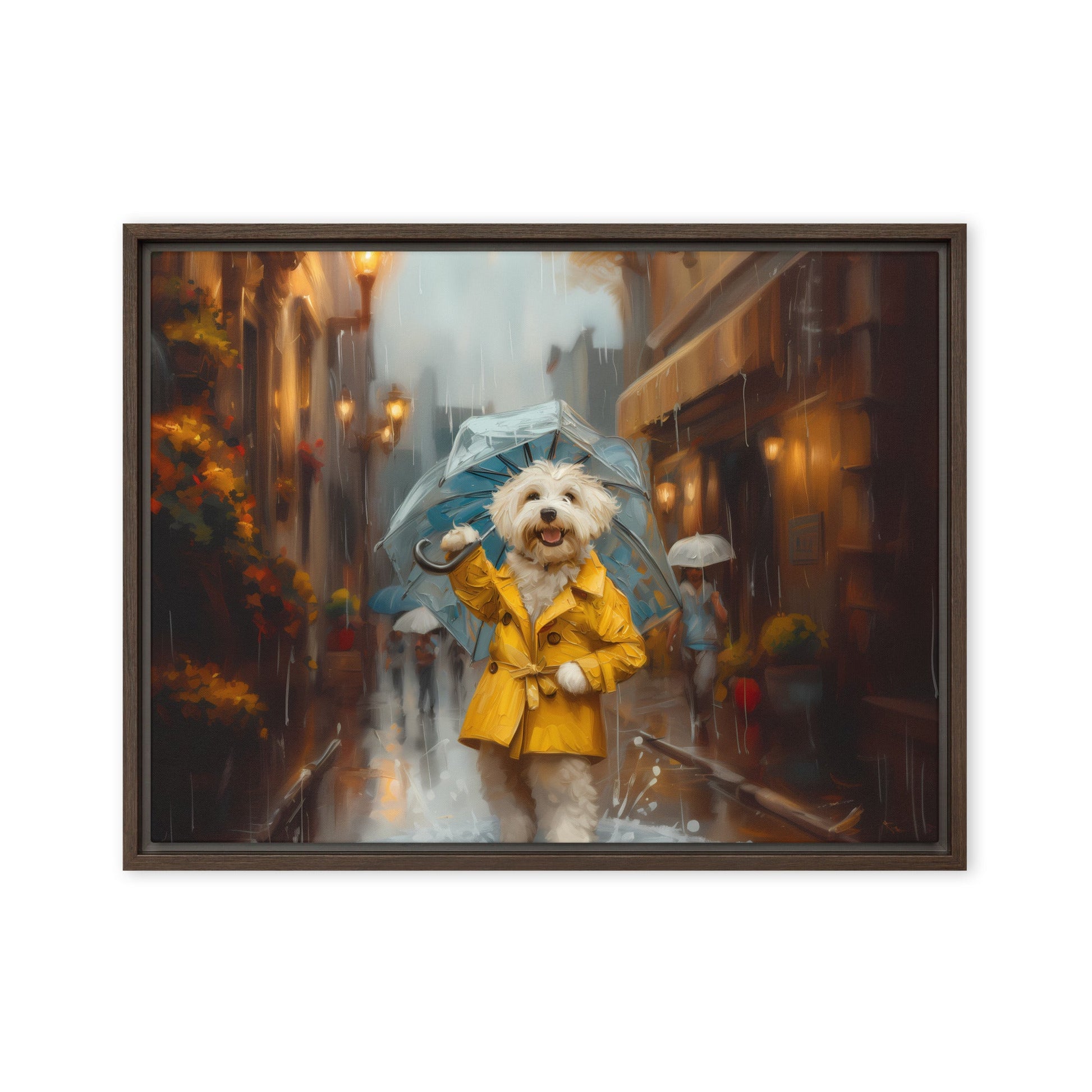 A Coton de Tulear walks down a rainy street upright wearing a yellow rain coat and umbrella.