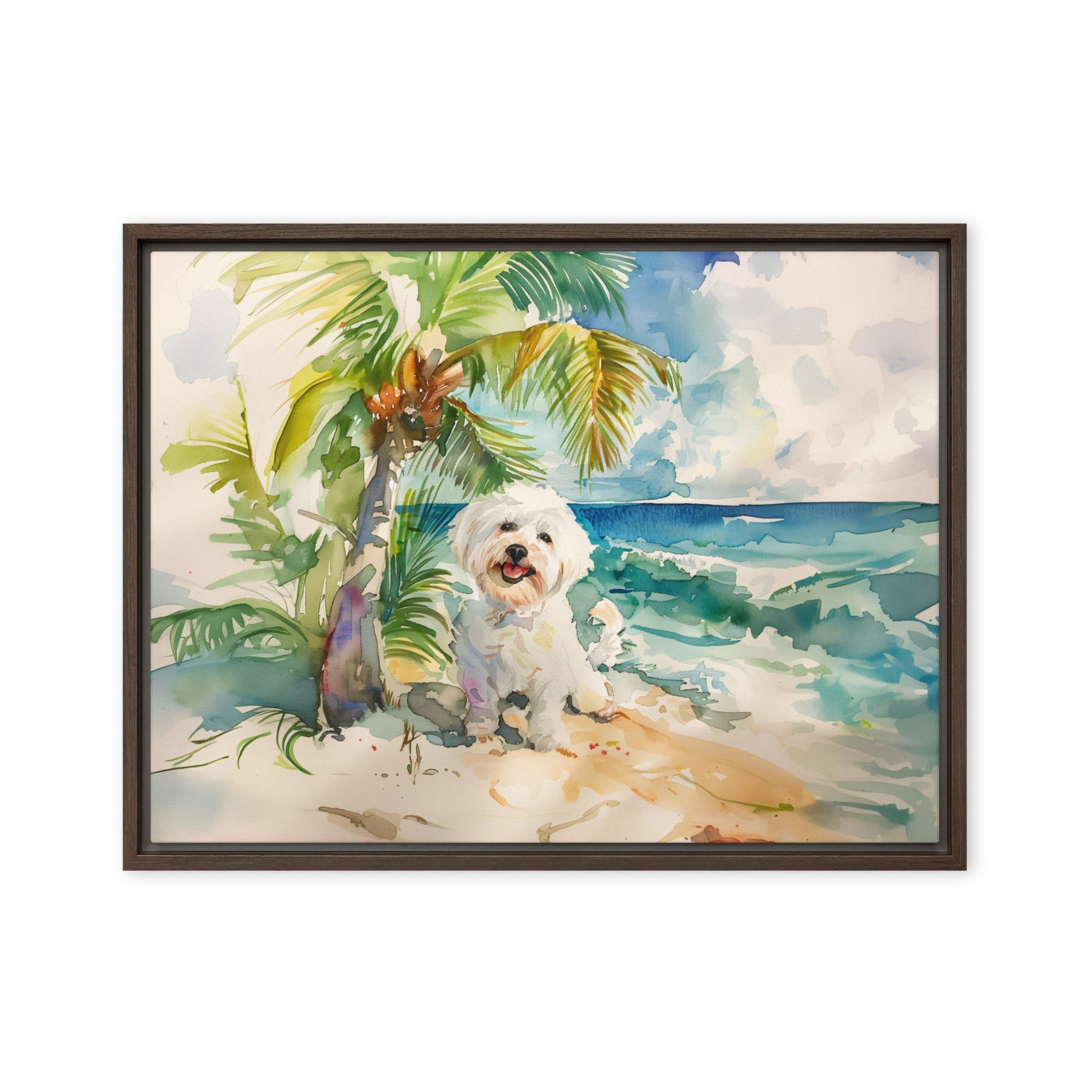 A Coton de Tulear relaxes on an island beach scene.