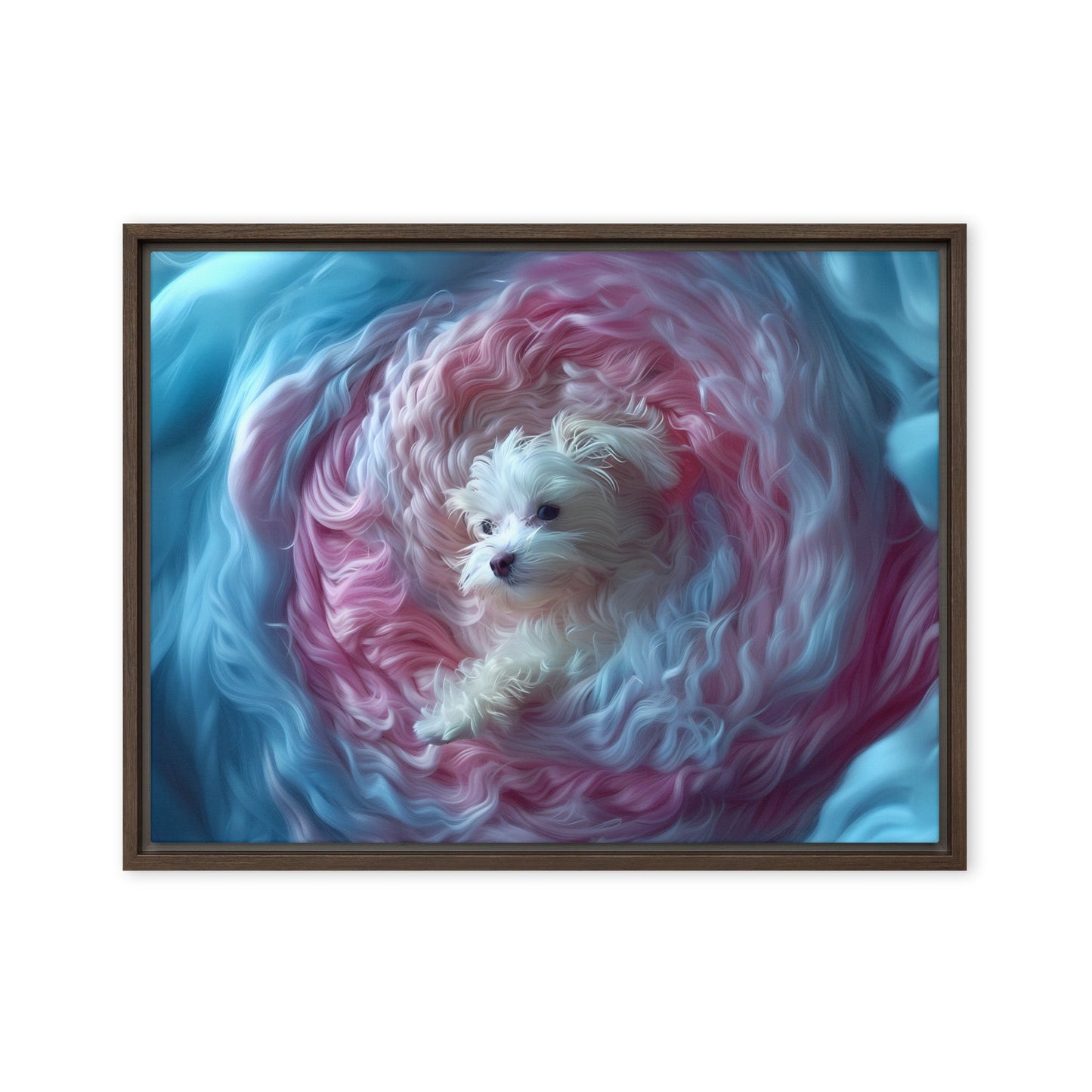 A Coton de Tulear wrapped in a 2D relief of swirling winds.