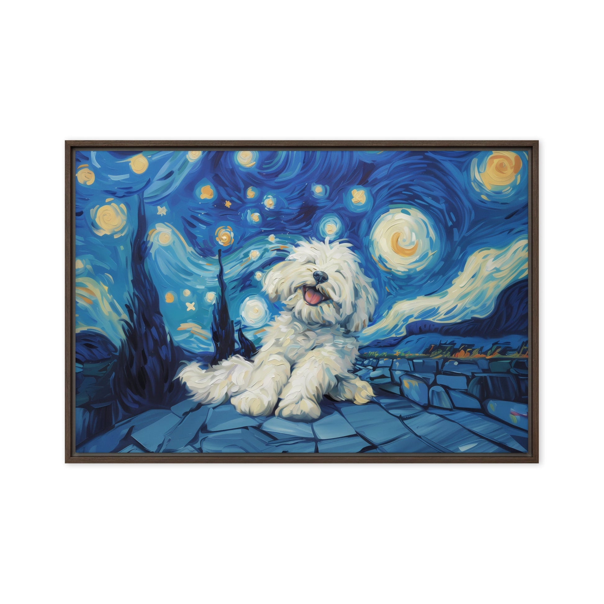 Van Gogh's Starry Night with a Happy Coton de Tulear.