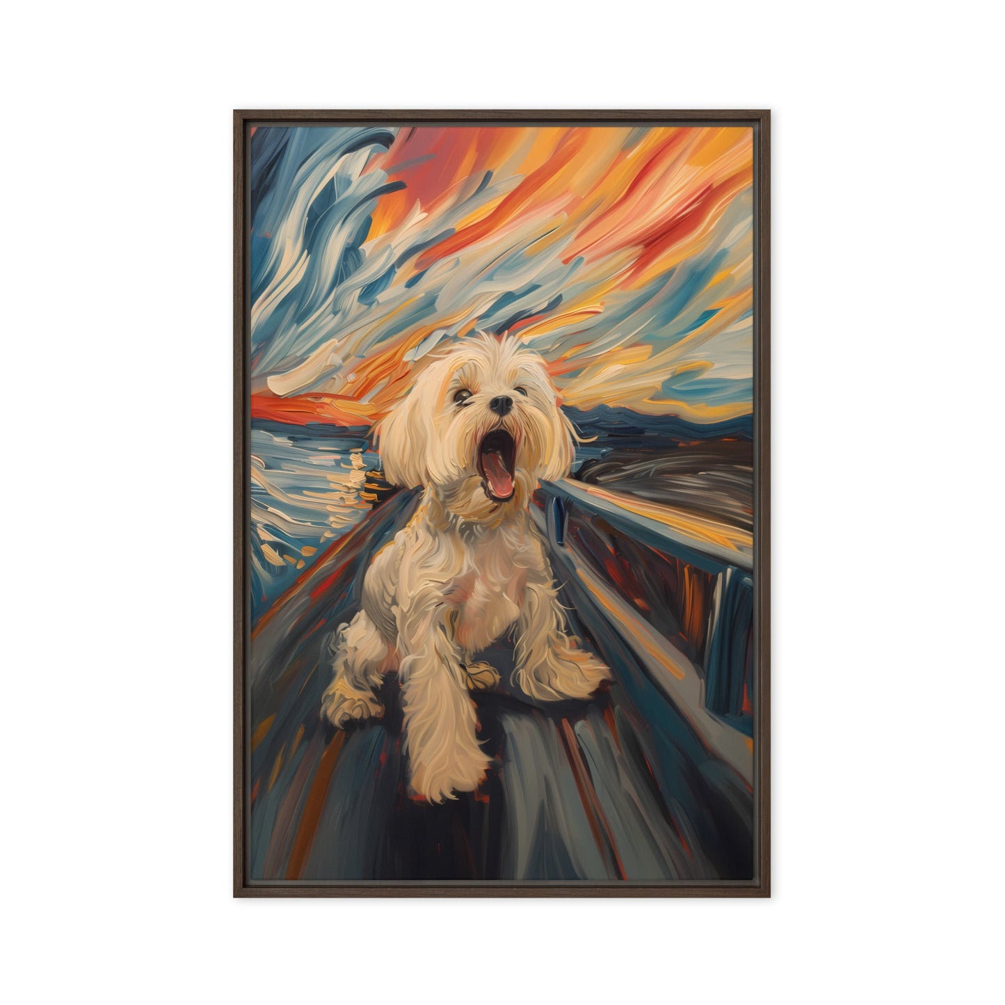 A Coton de Tulear howls in a parody painting of The Scream.