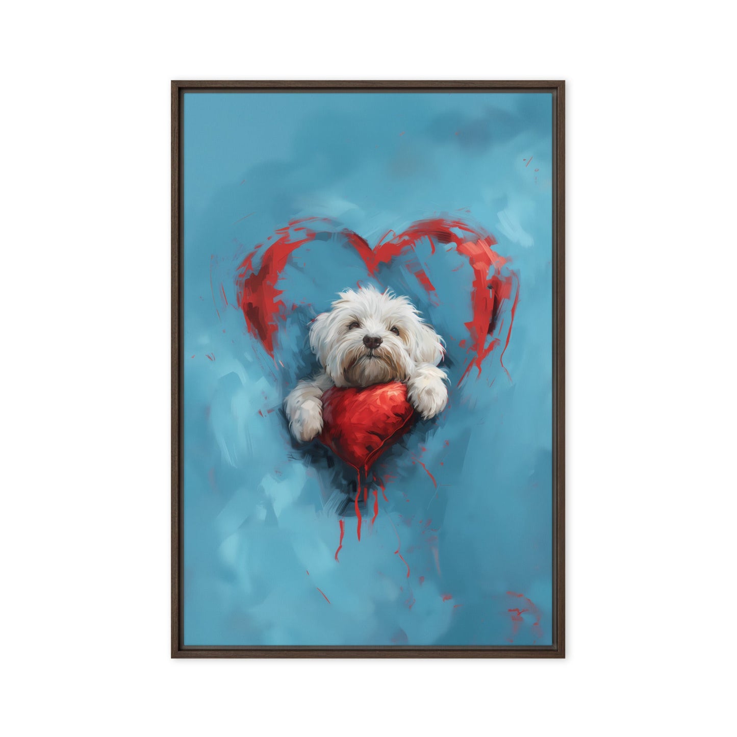 A Coton de Tulear sits on a red heart, surrounded by a red heart on a blue background. 