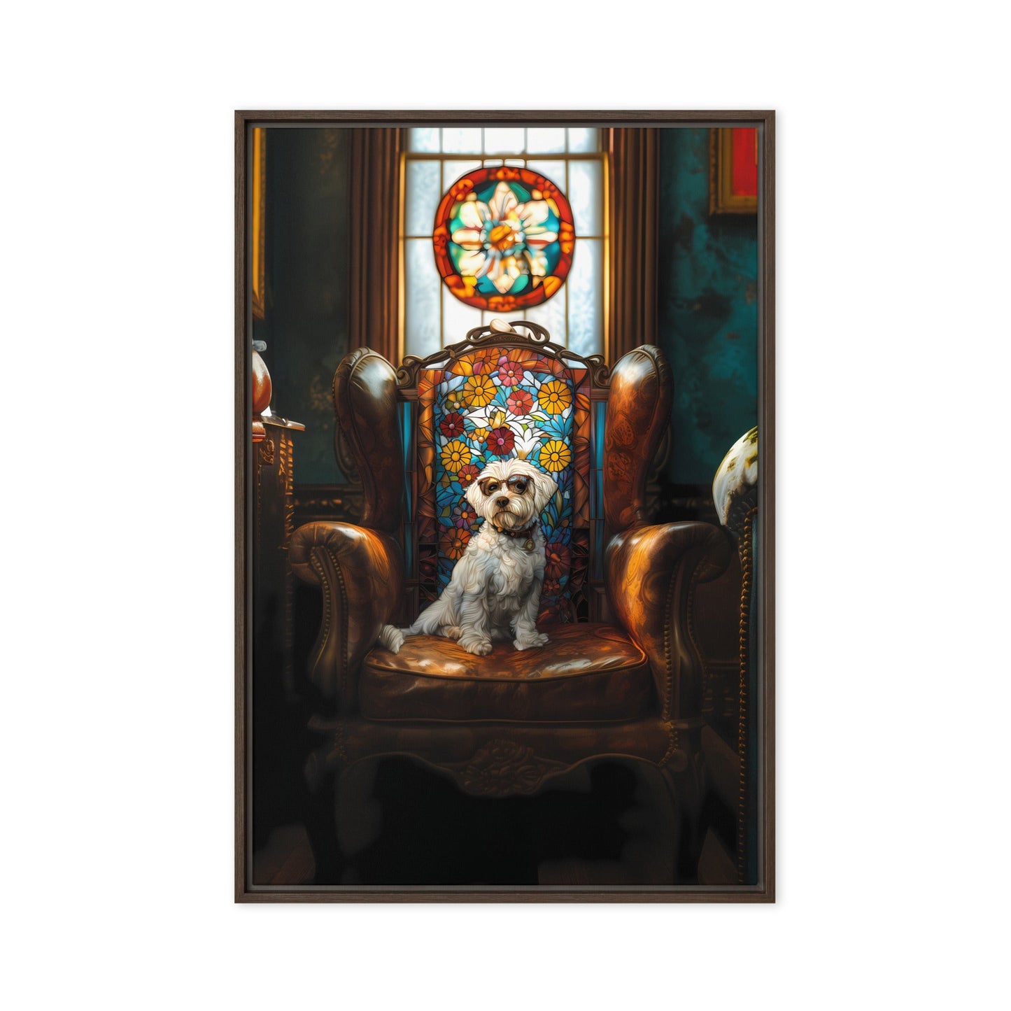 A Chic Coton de Tulear sits on a brown leather couch in a library with stained glass window.