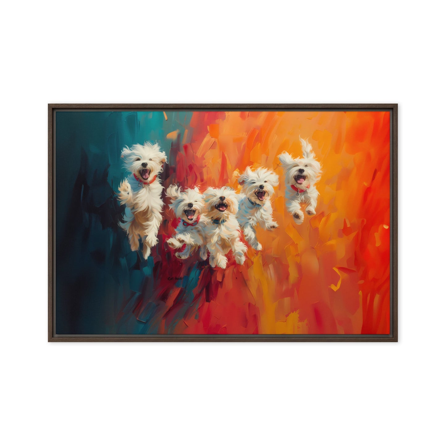 Five coton de Tulear puppies jumping in the air. Oil painting with blue and orange background.