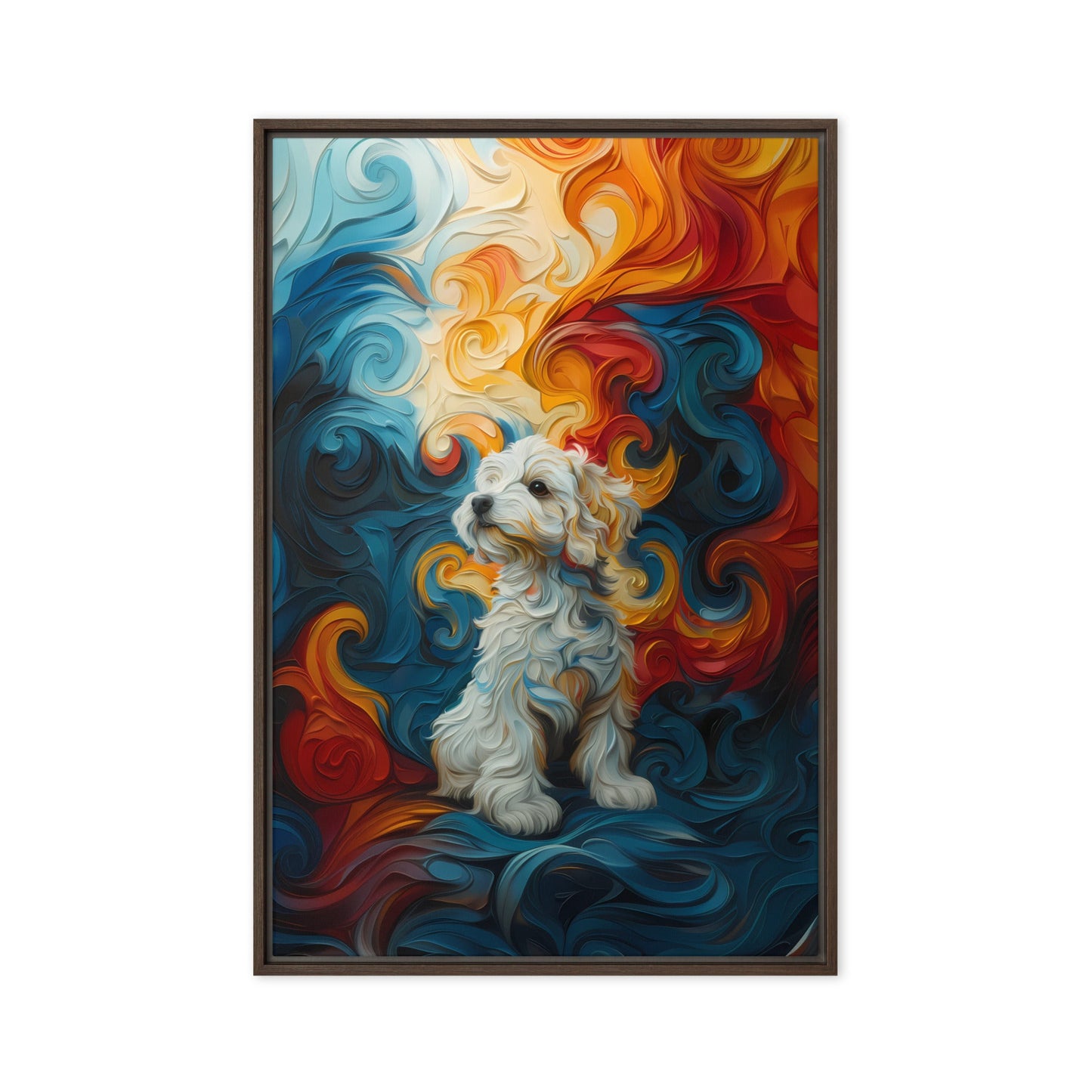 A Coton de Tulear sits in front of a swirling background of color: reds, oranges, yellows and blues.