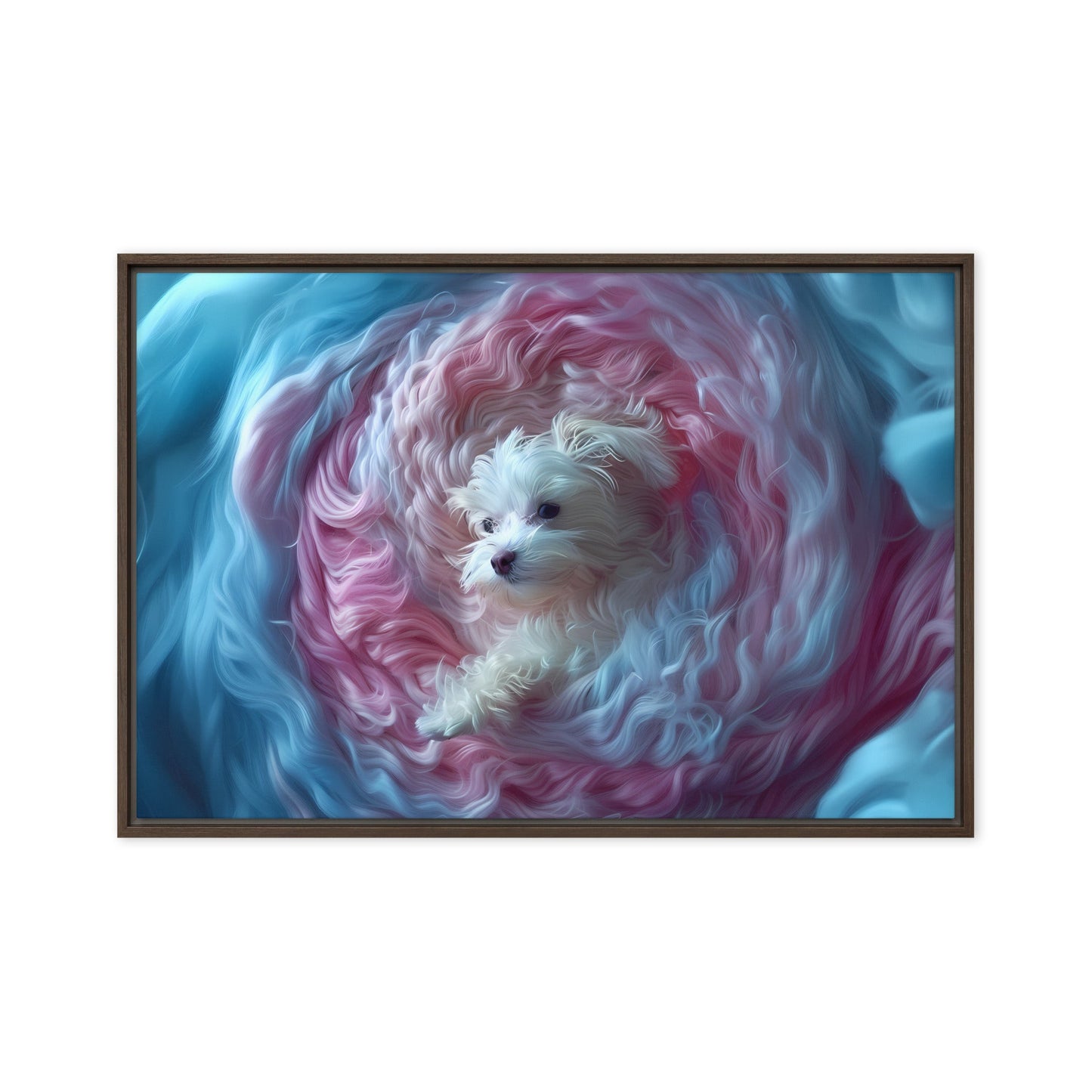 A Coton de Tulear wrapped in a 2D relief of swirling winds.